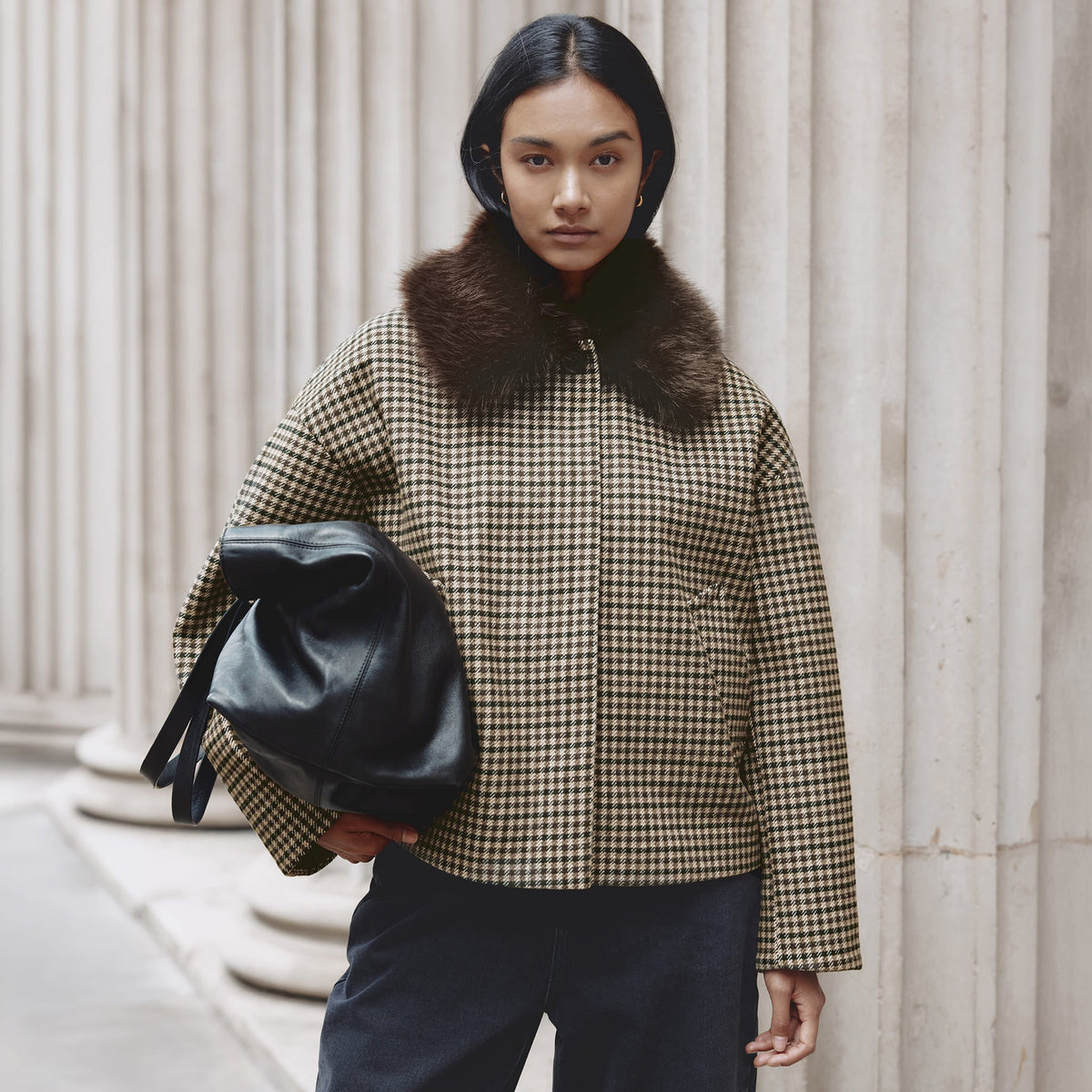 Check Fur Collar Jacket