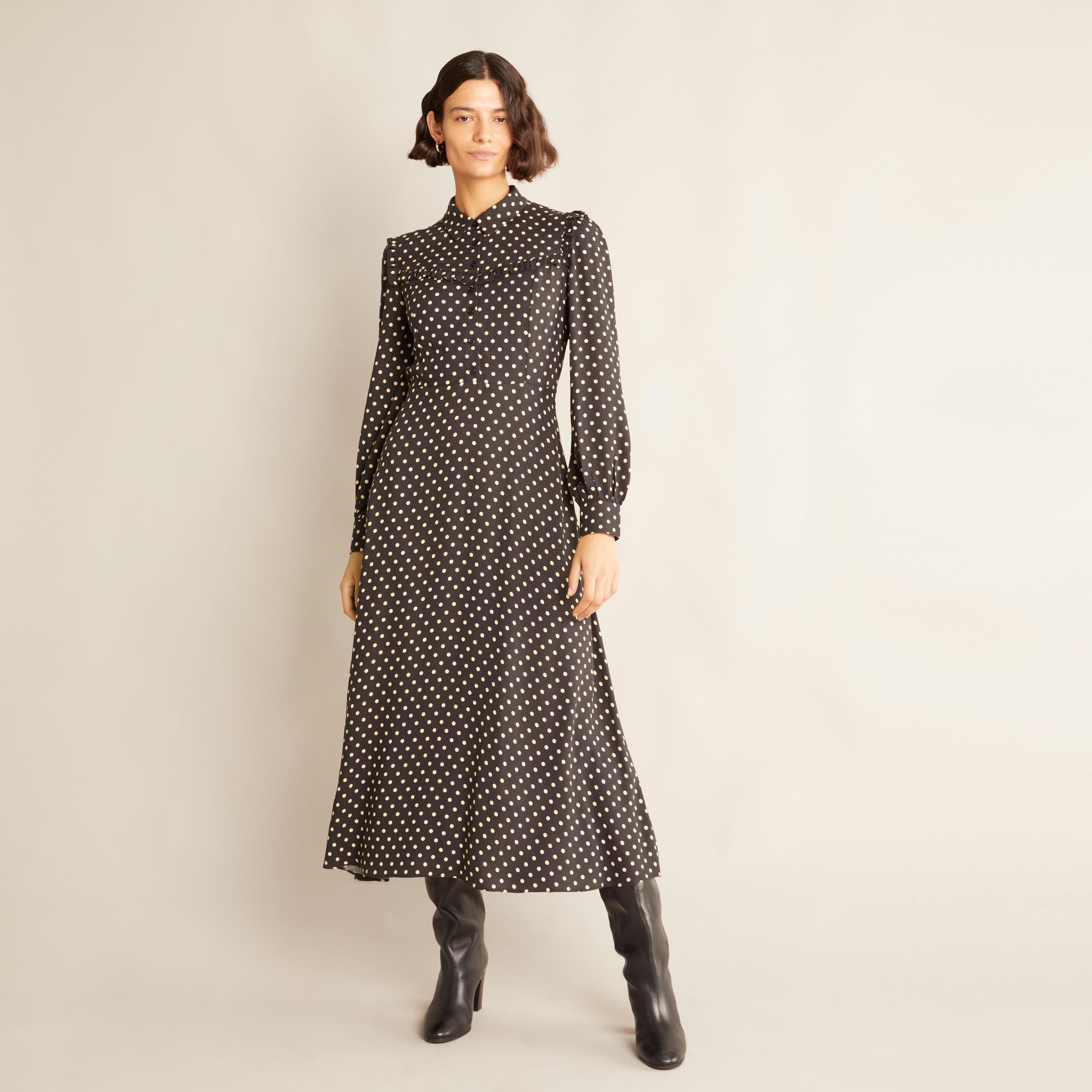 Re-Loved Black & White Spot Frill Midi Dress Size 10