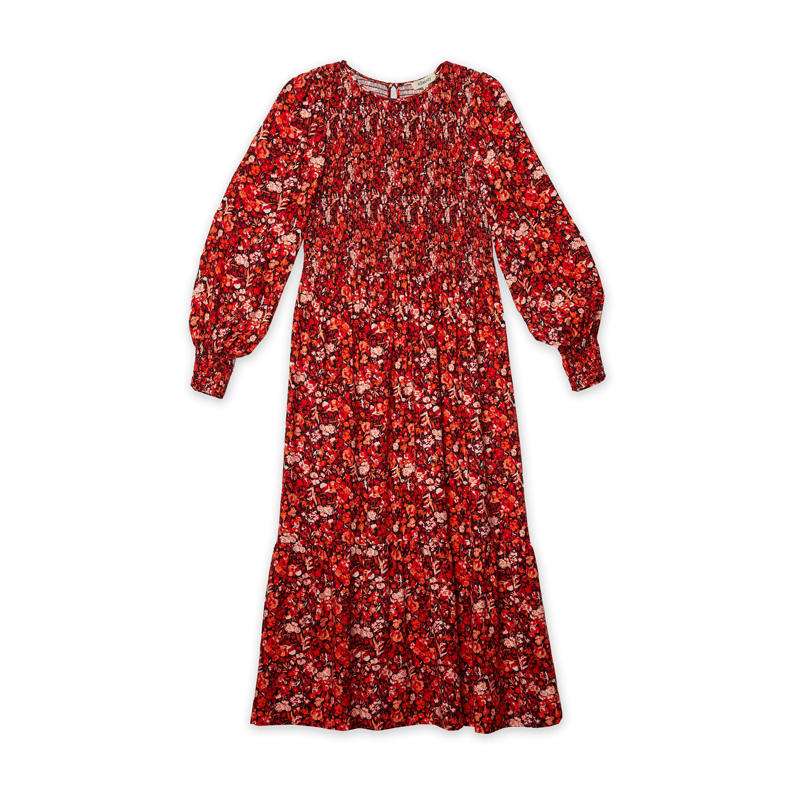 Re-Loved Red Floral Smocked Midi Dress Size 10
