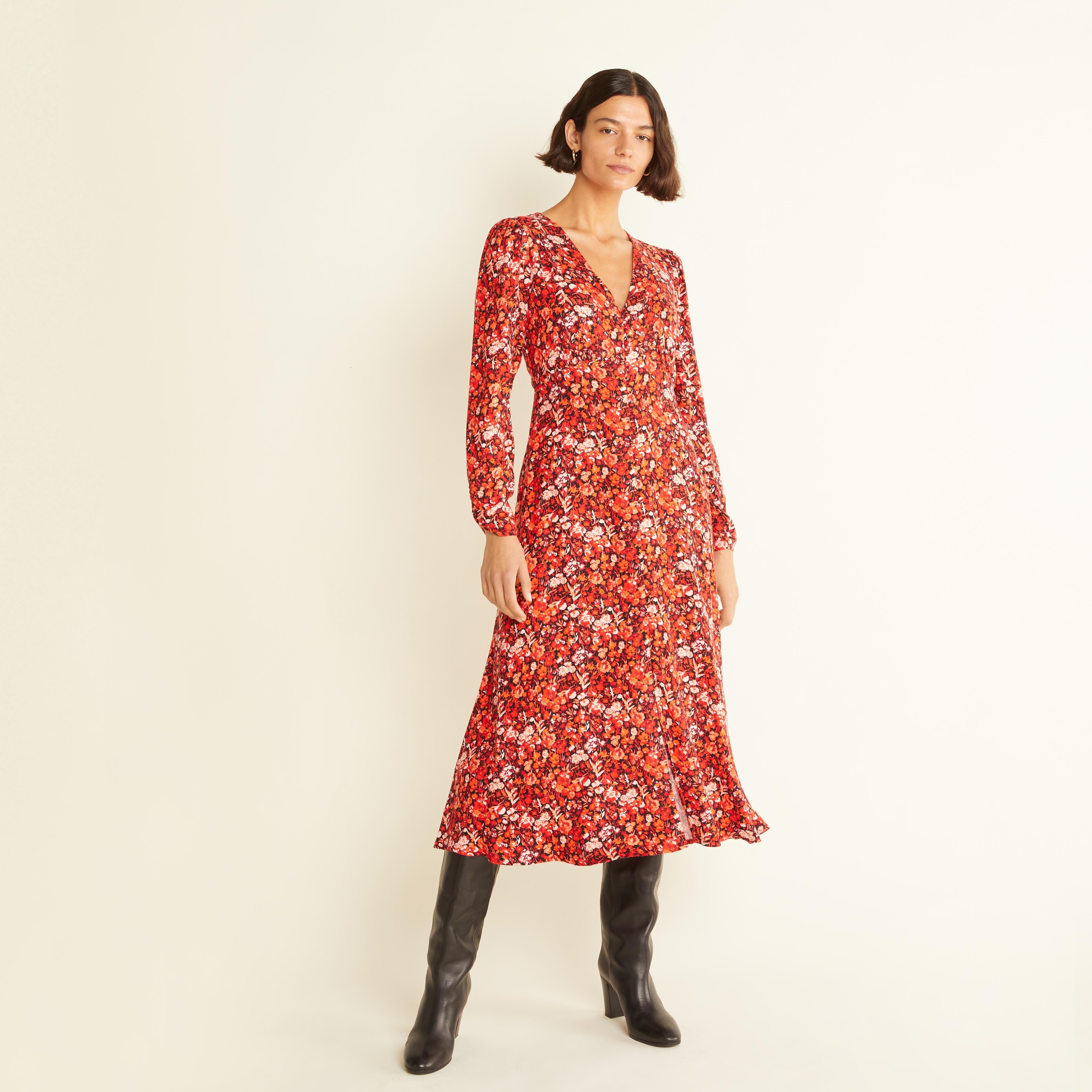 Re-Loved Red Floral V Neck Midi Dress - Size 14