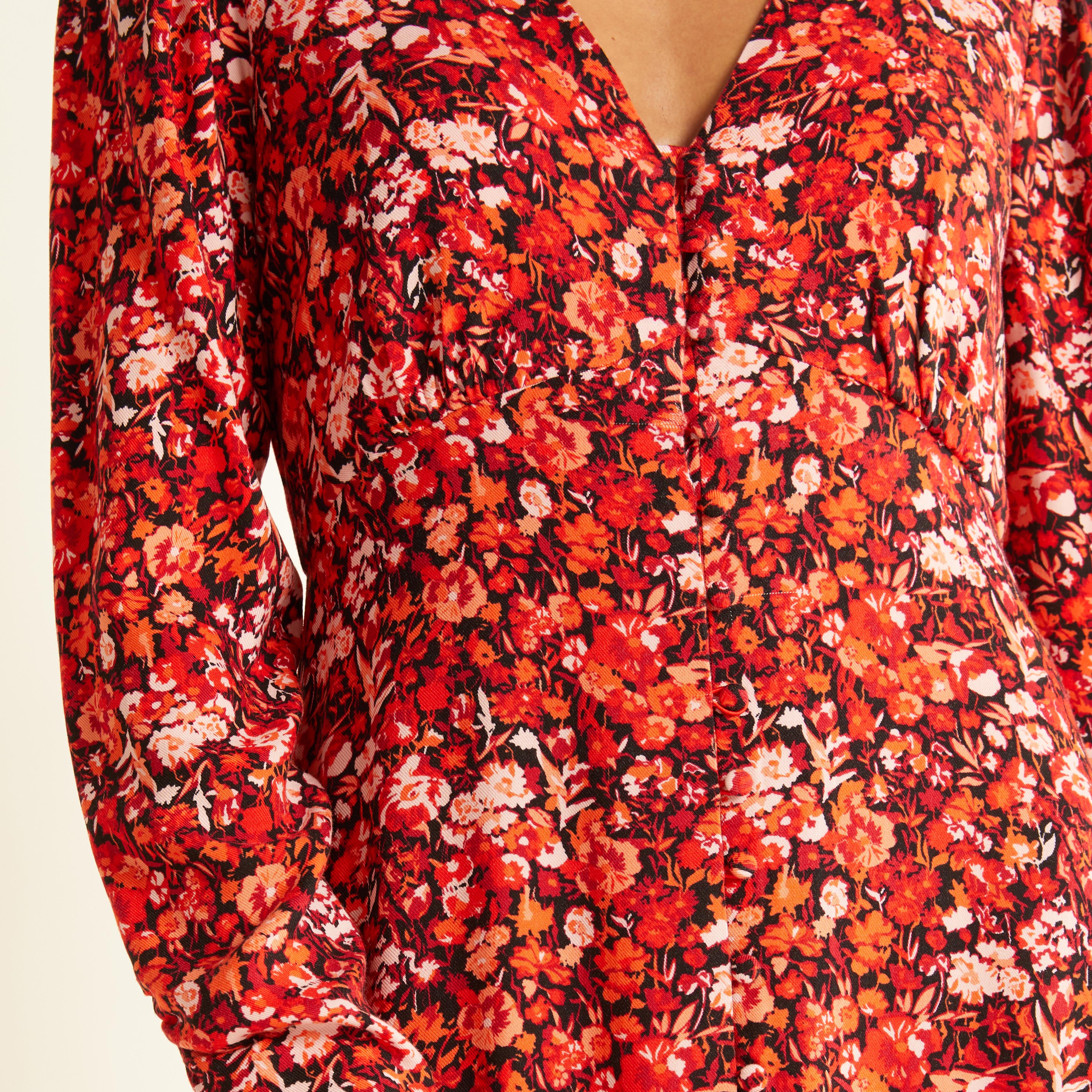 Re-Loved Red Floral V Neck Midi Dress - Size 10