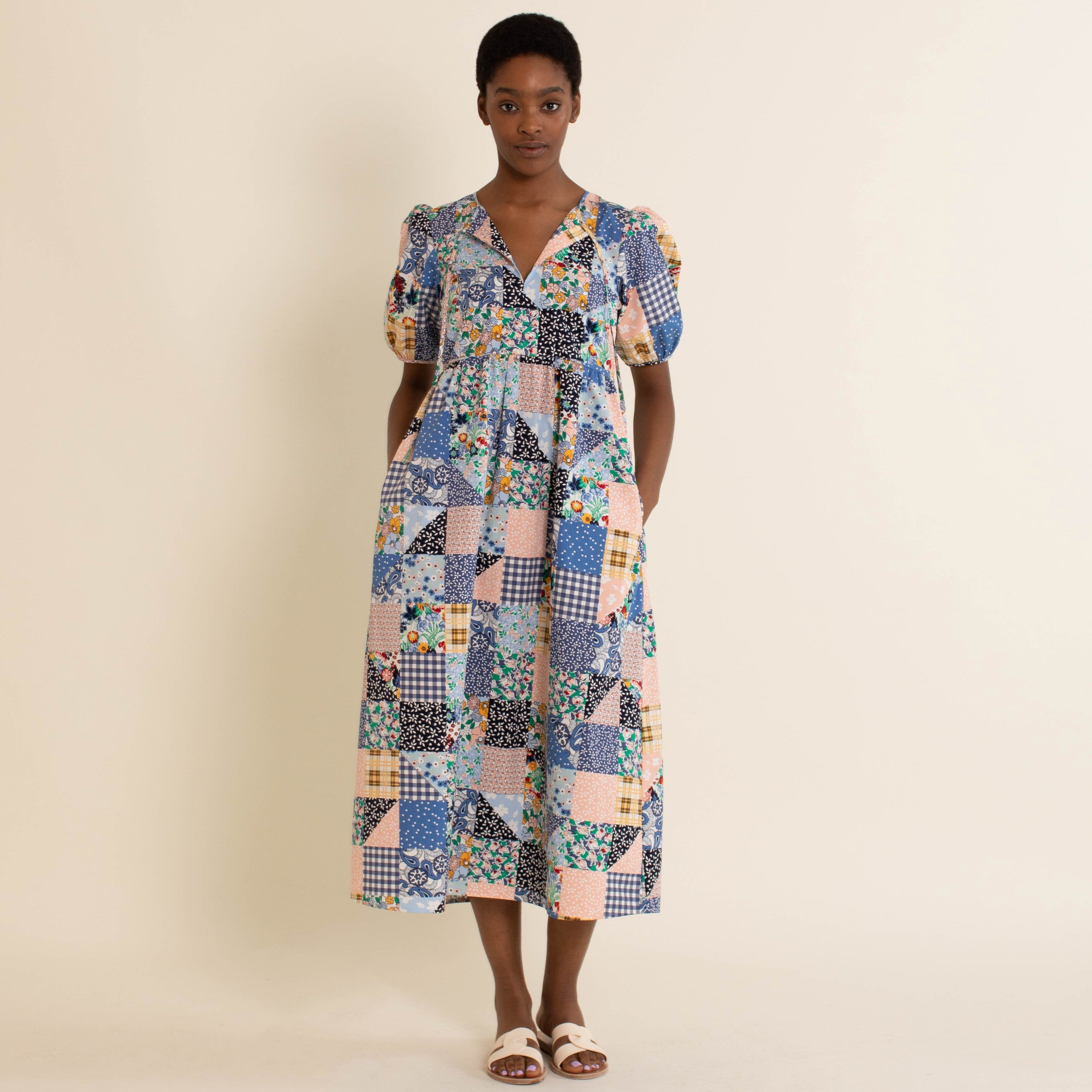 Re-Loved Blue Patchwork Print Midi Dress - Size 12