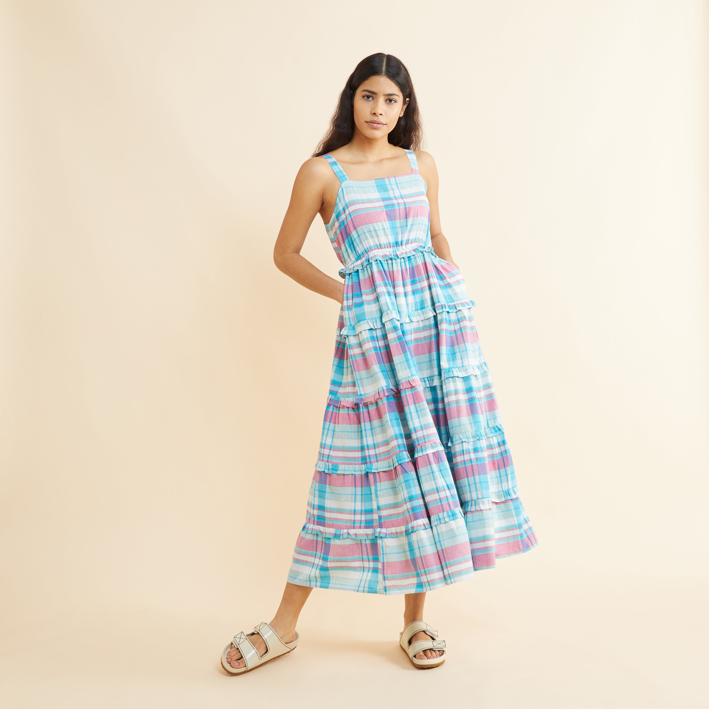 Re-Loved Check Tiered Strappy Midi Dress Size 18