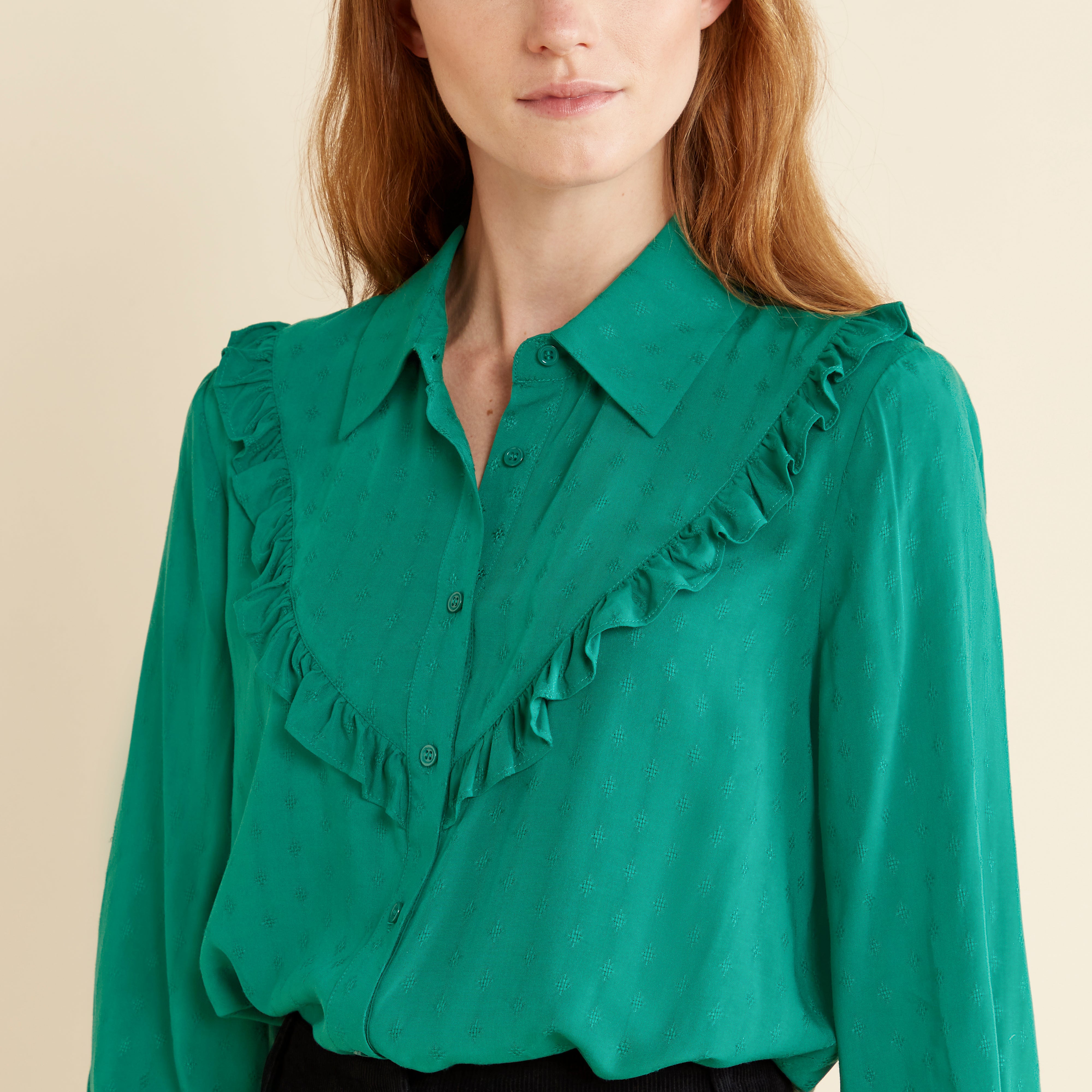 Re-Loved Green Jacquard Frill Shirt - Size 14