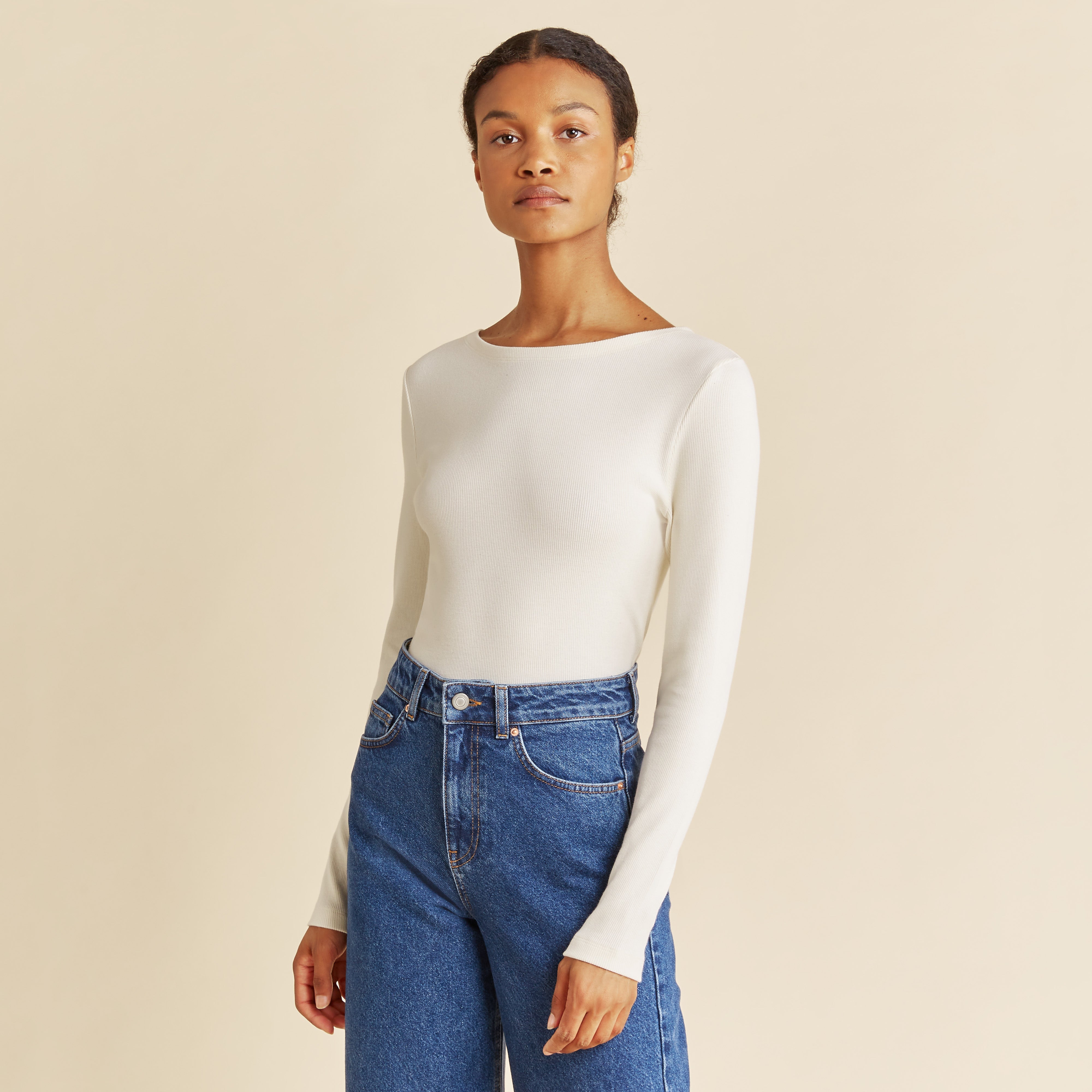 Re-Loved Cream Long Sleeve Rib Boat Neck Top - Size 12