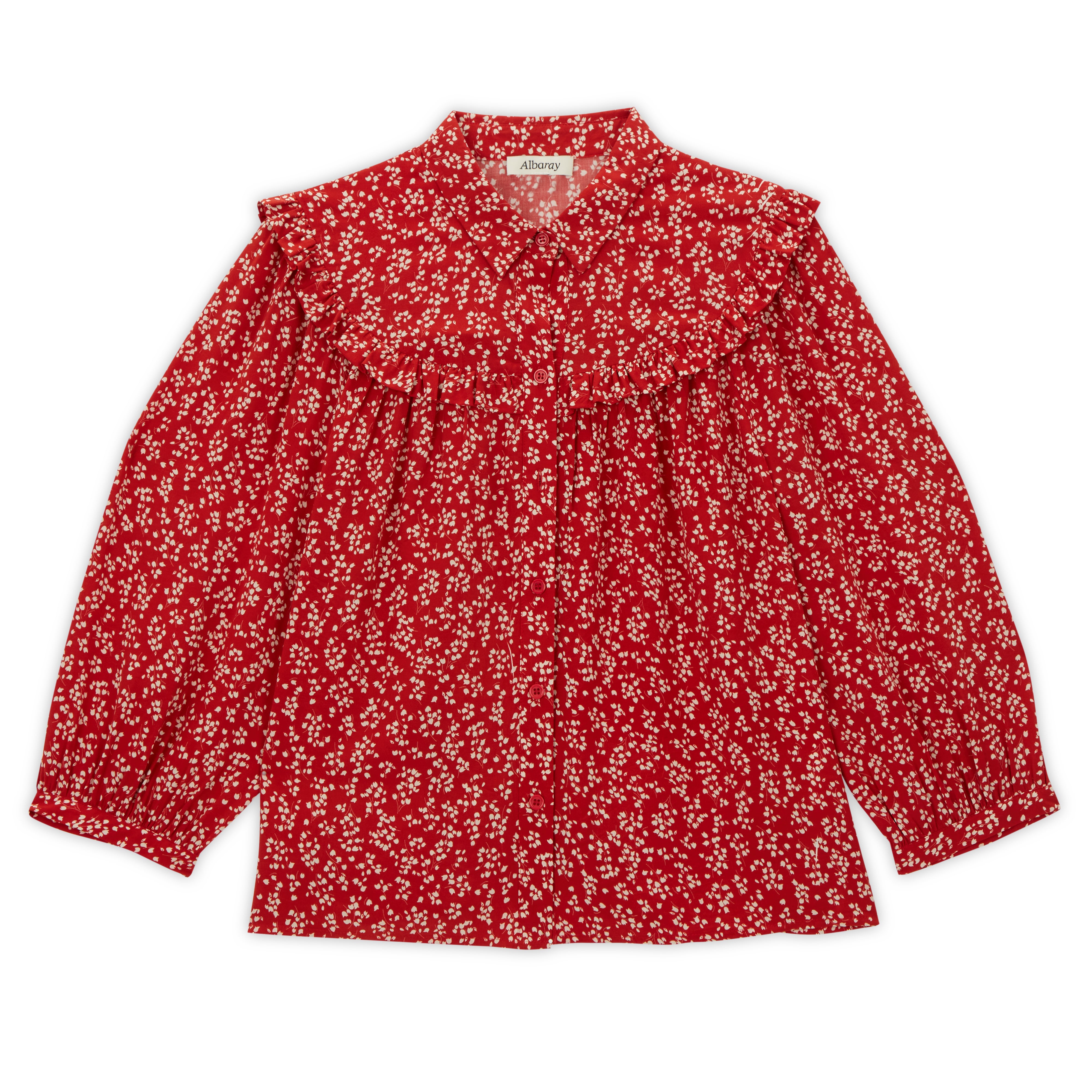 Re-Loved Red Mini Tulip Ruffle Yoke Blouse Size 14