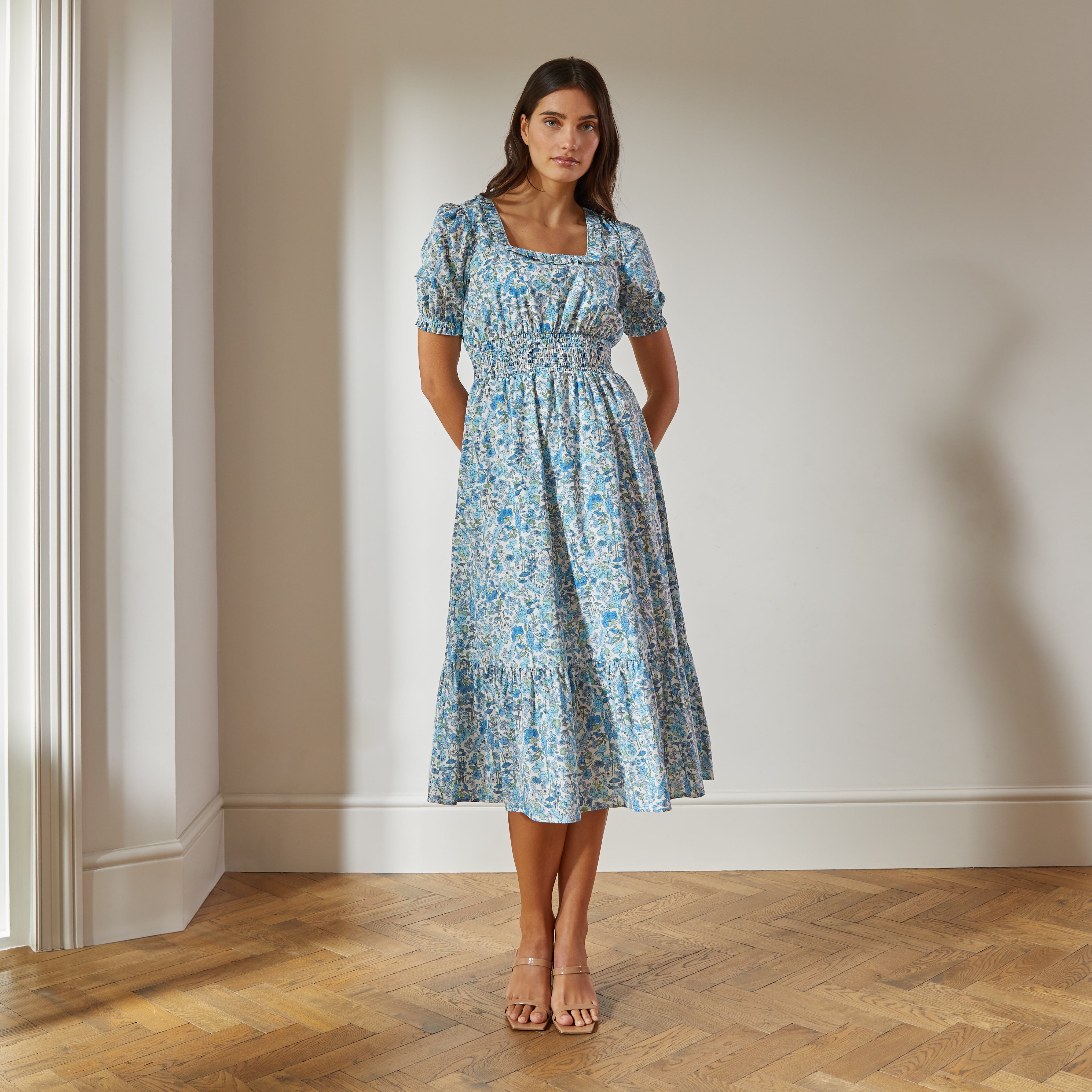 Re-Loved Blue Floral Square Neck Midi Dress Size 8