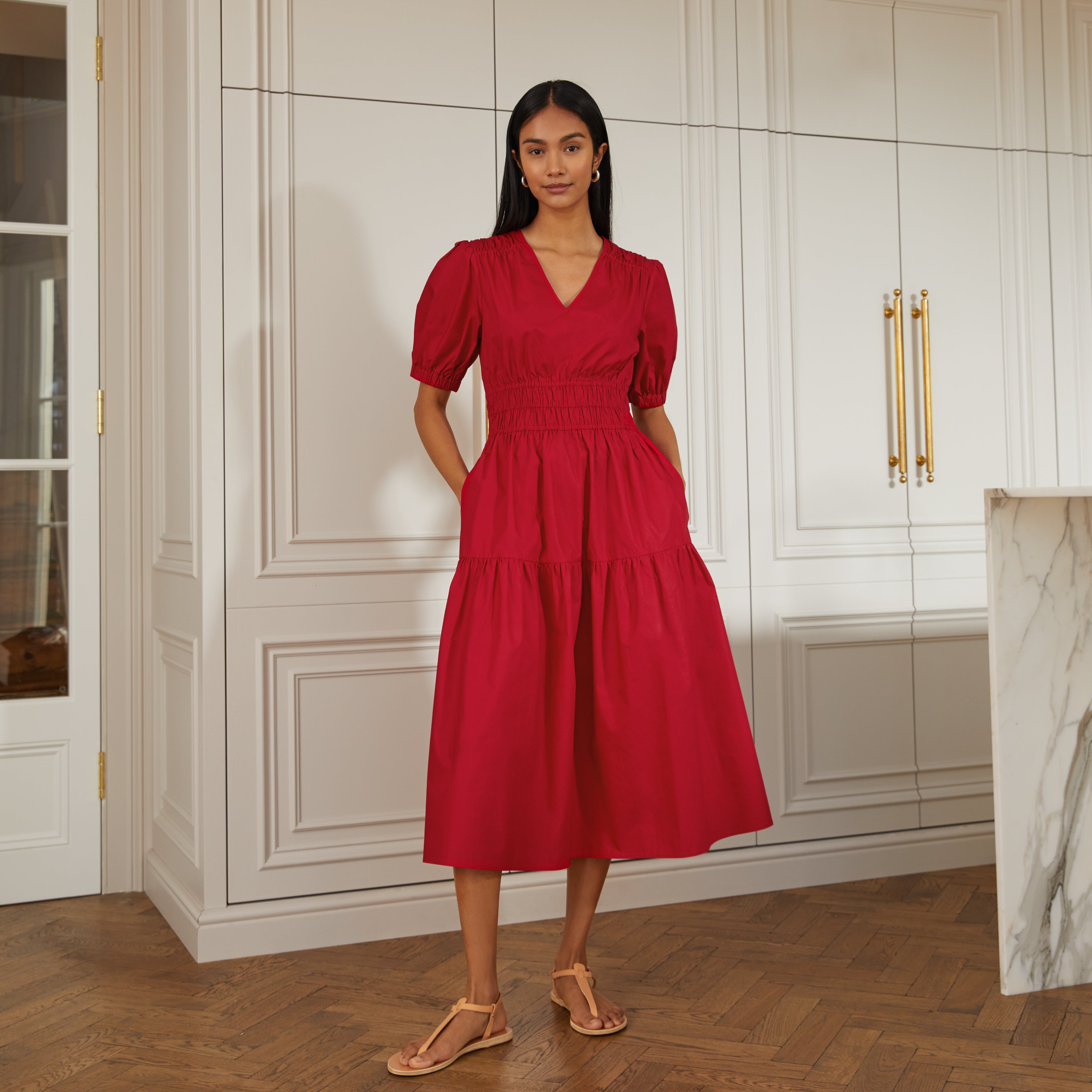 Re-Loved Shirred Waist Organic Cotton V Neck Dress - Size 8