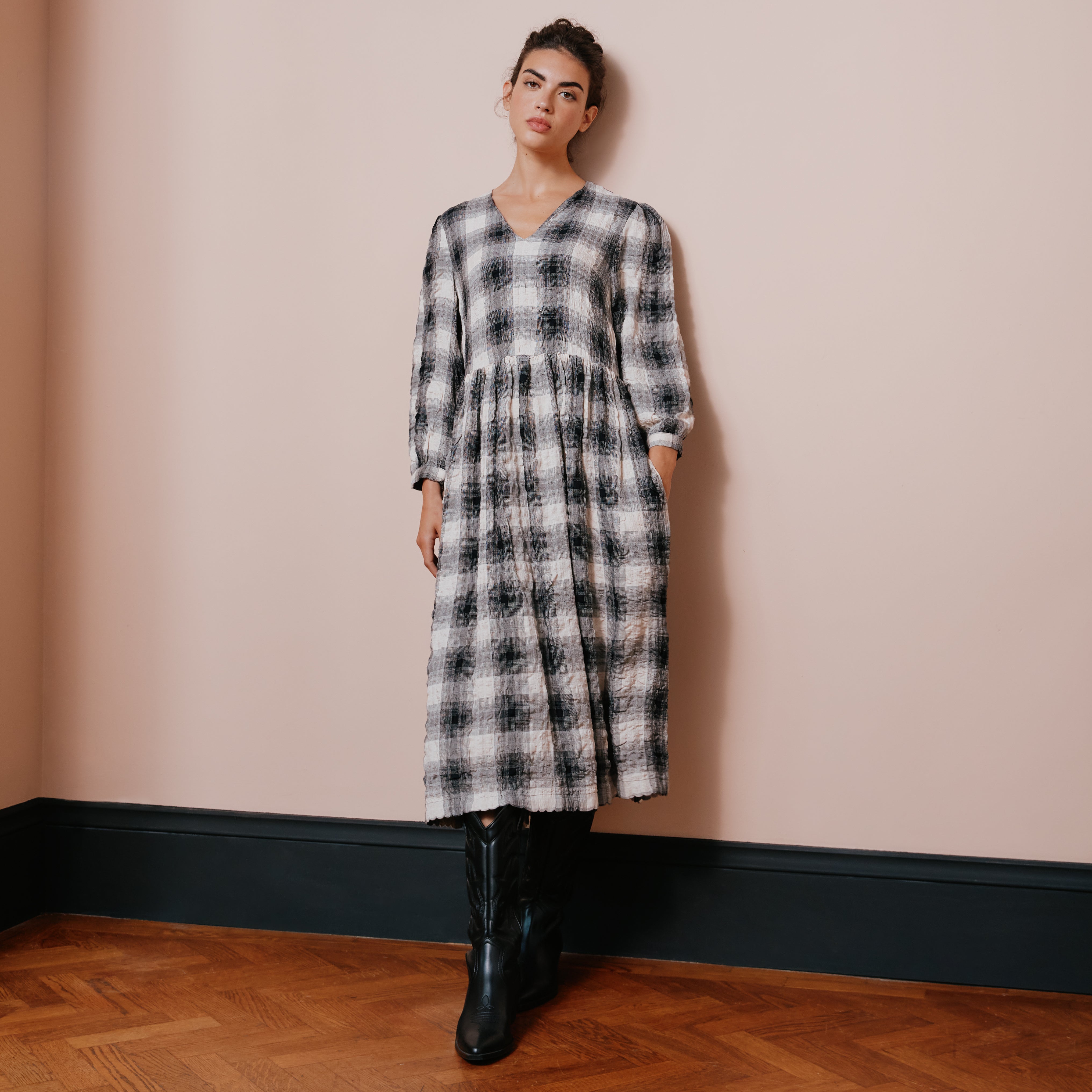 Re-Loved Black and Cream Plaid Midi Dress - Size 10