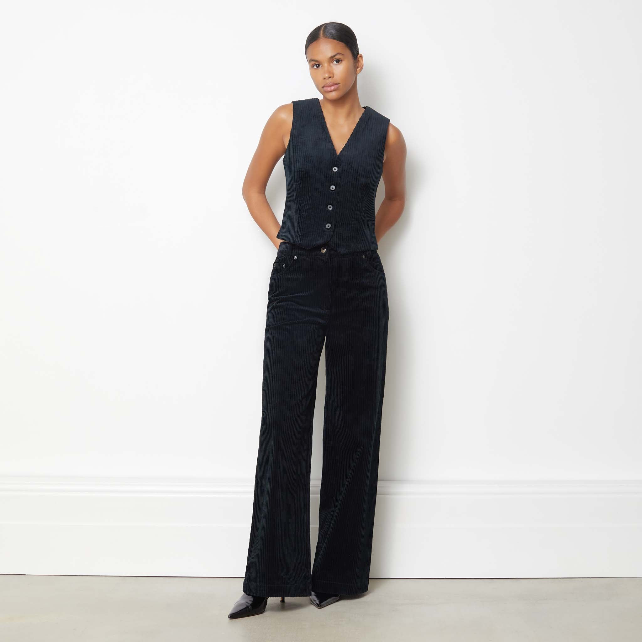 Re-Loved Black Cord Wide Leg Trouser - Size 18