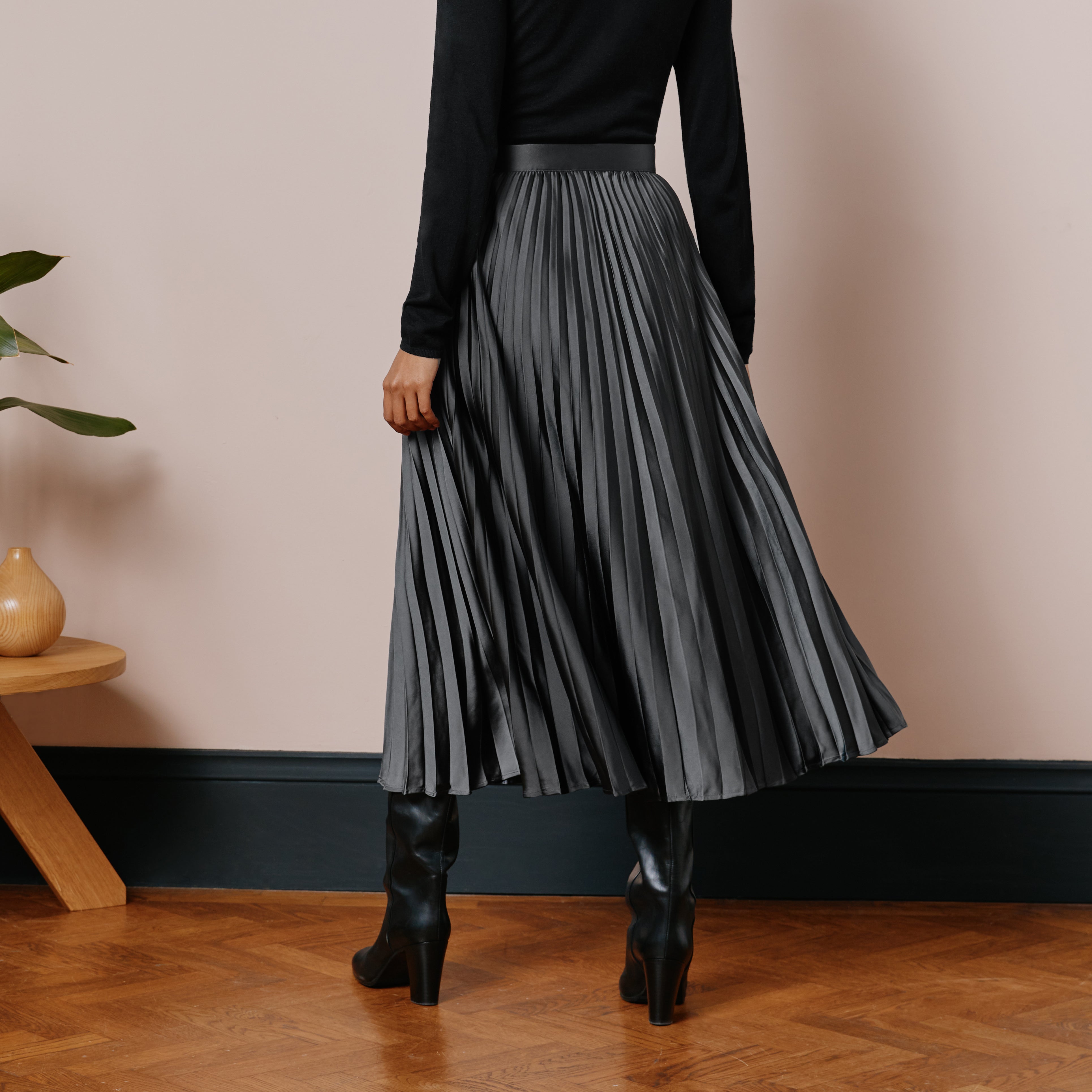 Grey Satin Pleat Skirt