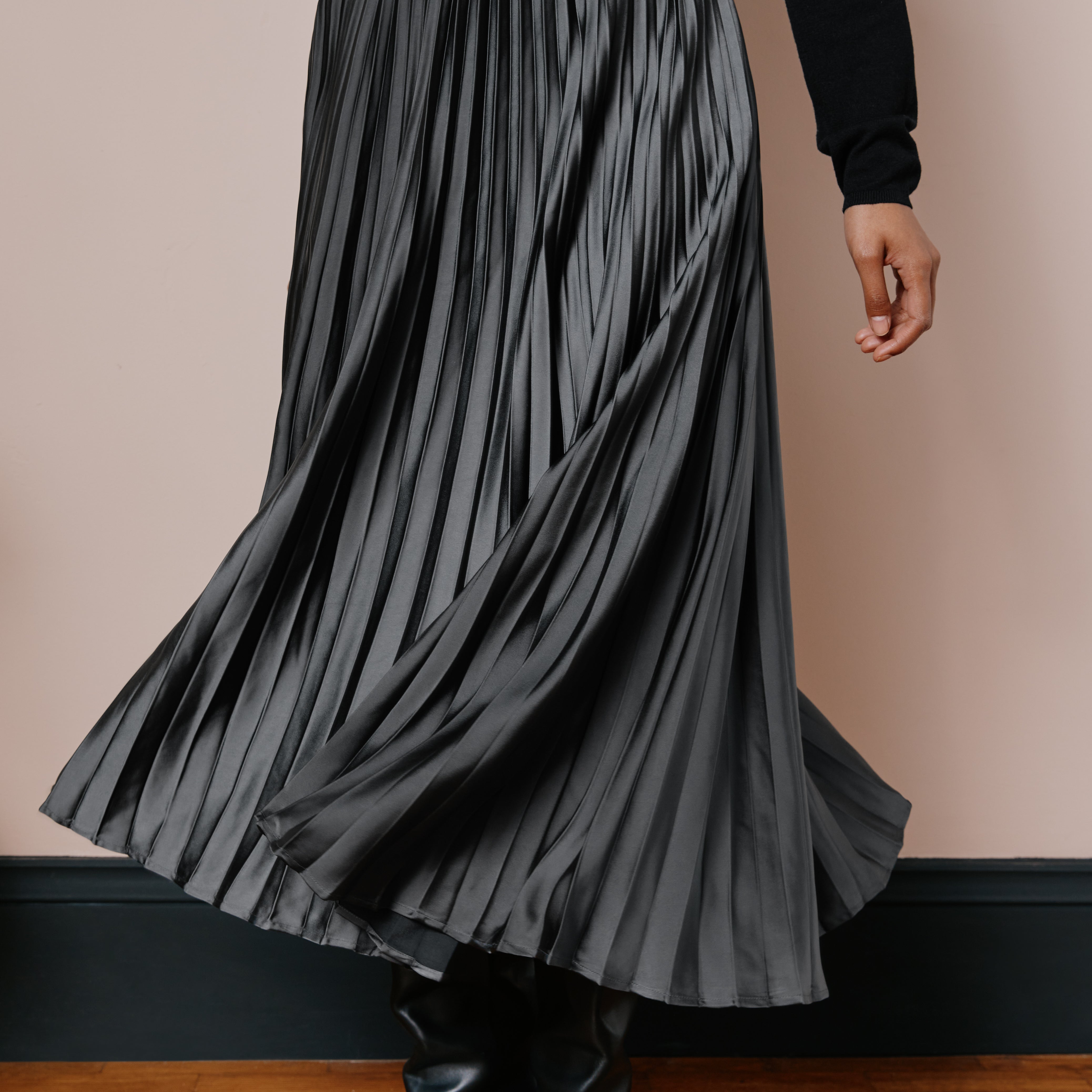 Grey Satin Pleat Skirt