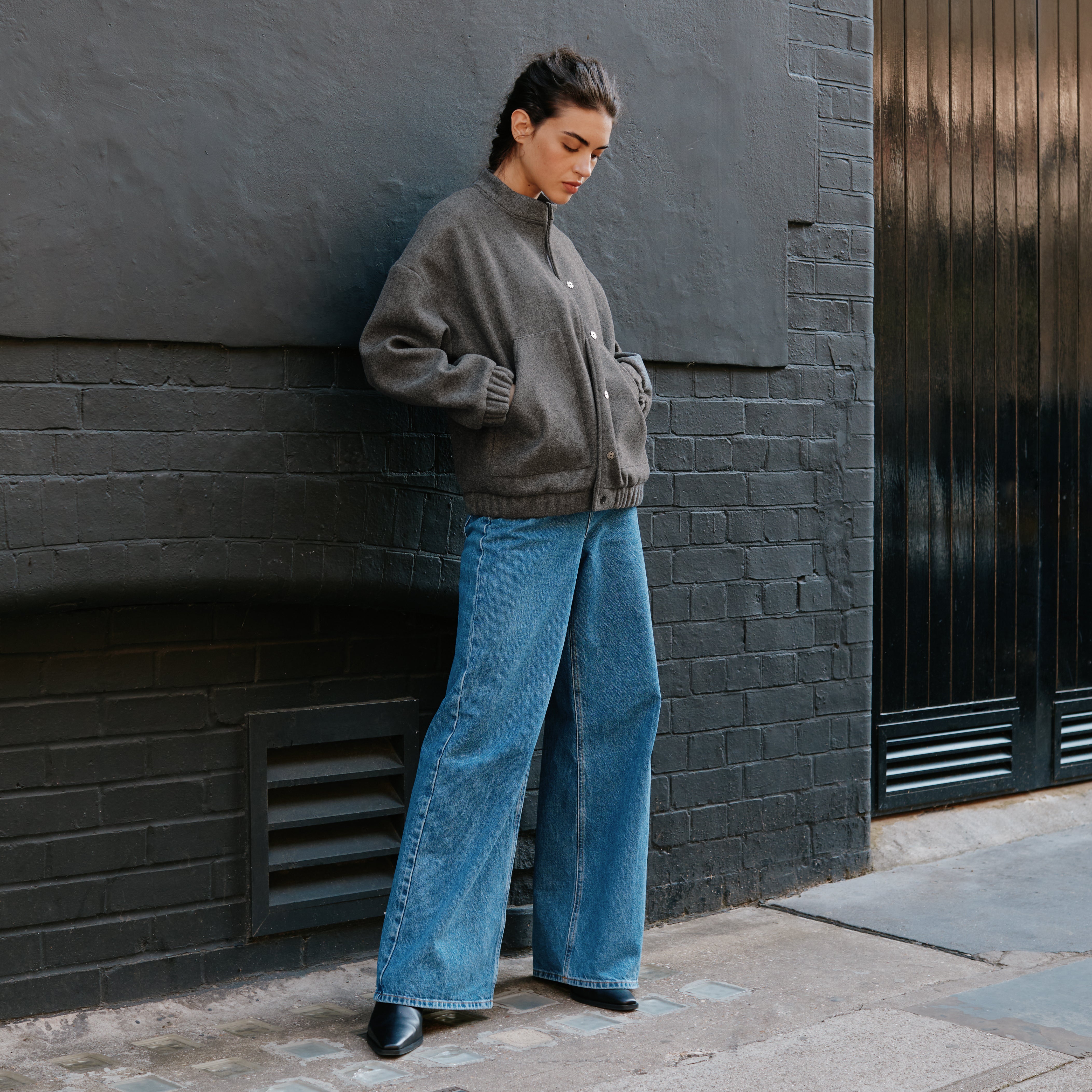Re-Loved Grey Flannel Bomber Jacket - Size 16