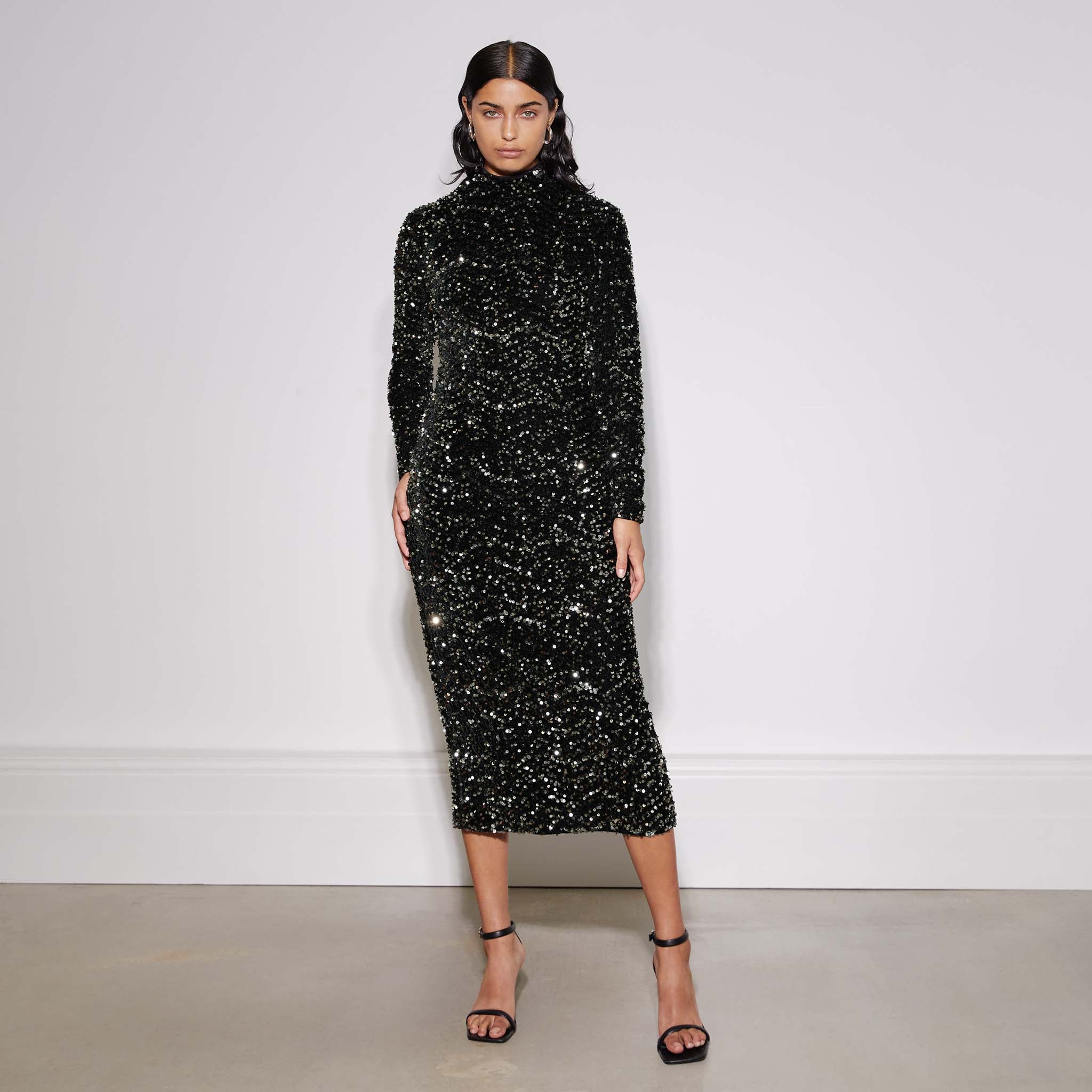 Velvet Sequin Funnel Neck Dress
