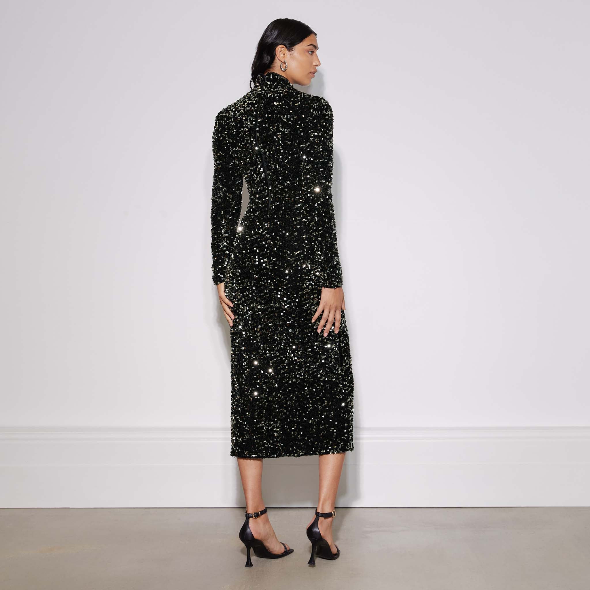 Velvet Sequin Funnel Neck Dress