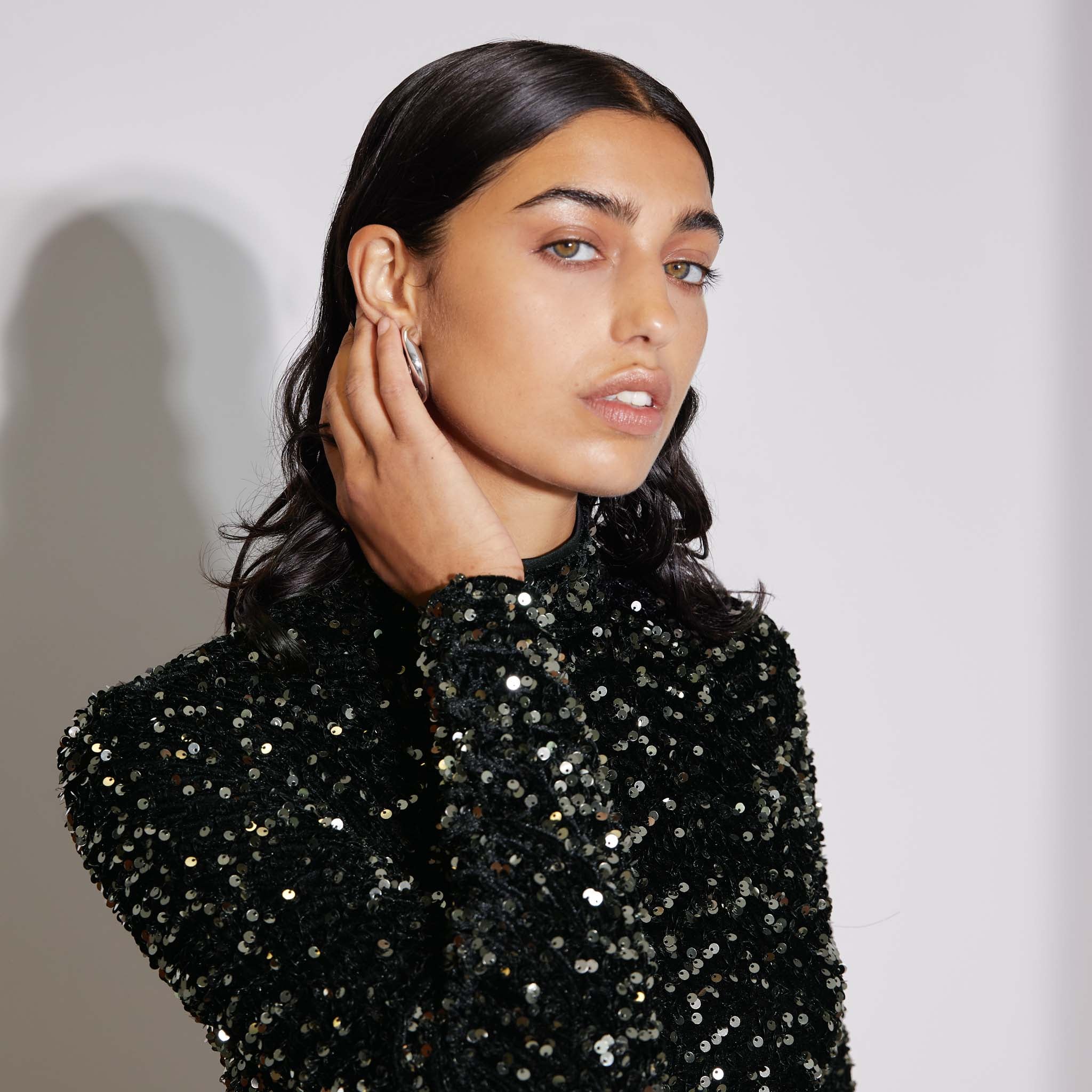 Velvet Sequin Funnel Neck Dress