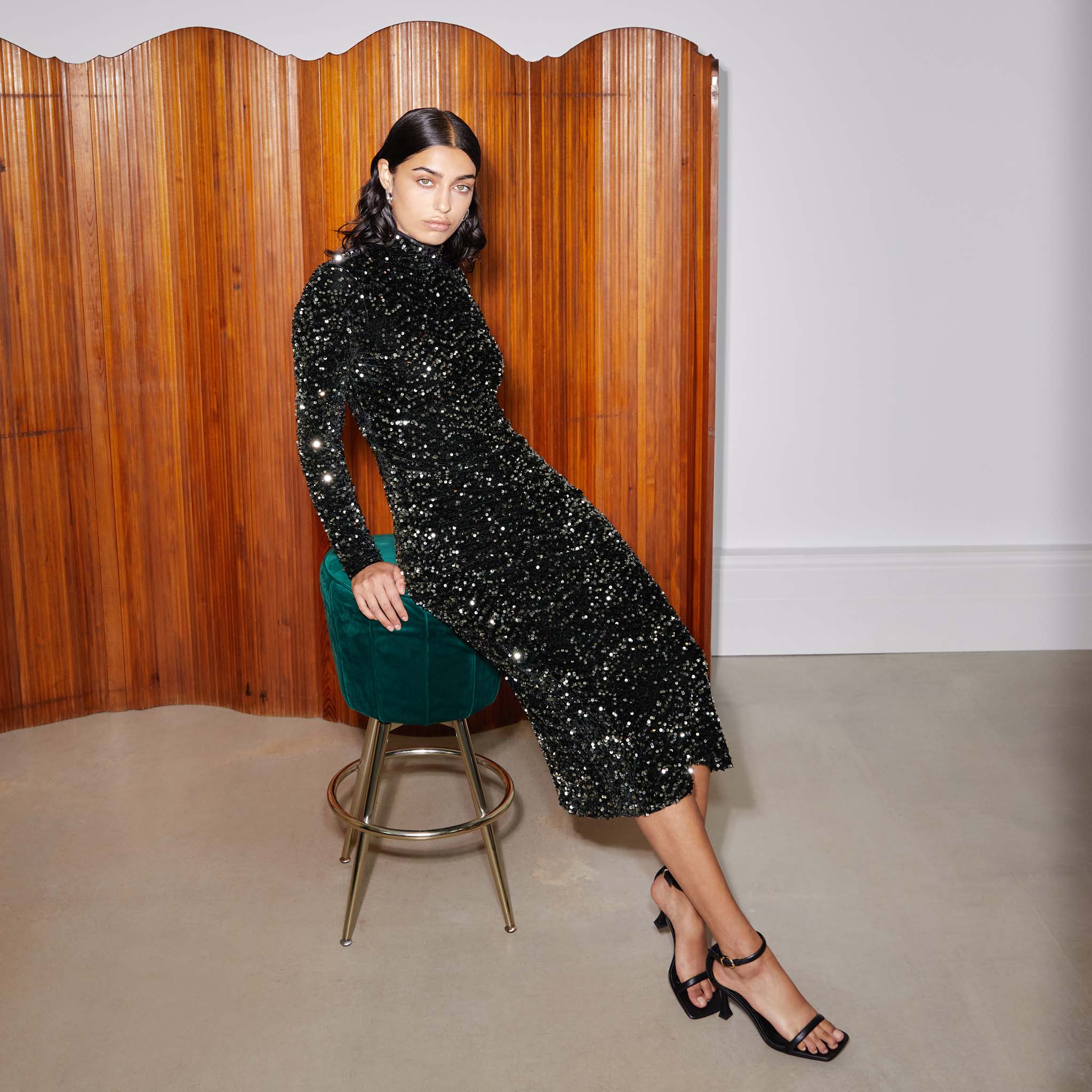 Velvet Sequin Funnel Neck Dress