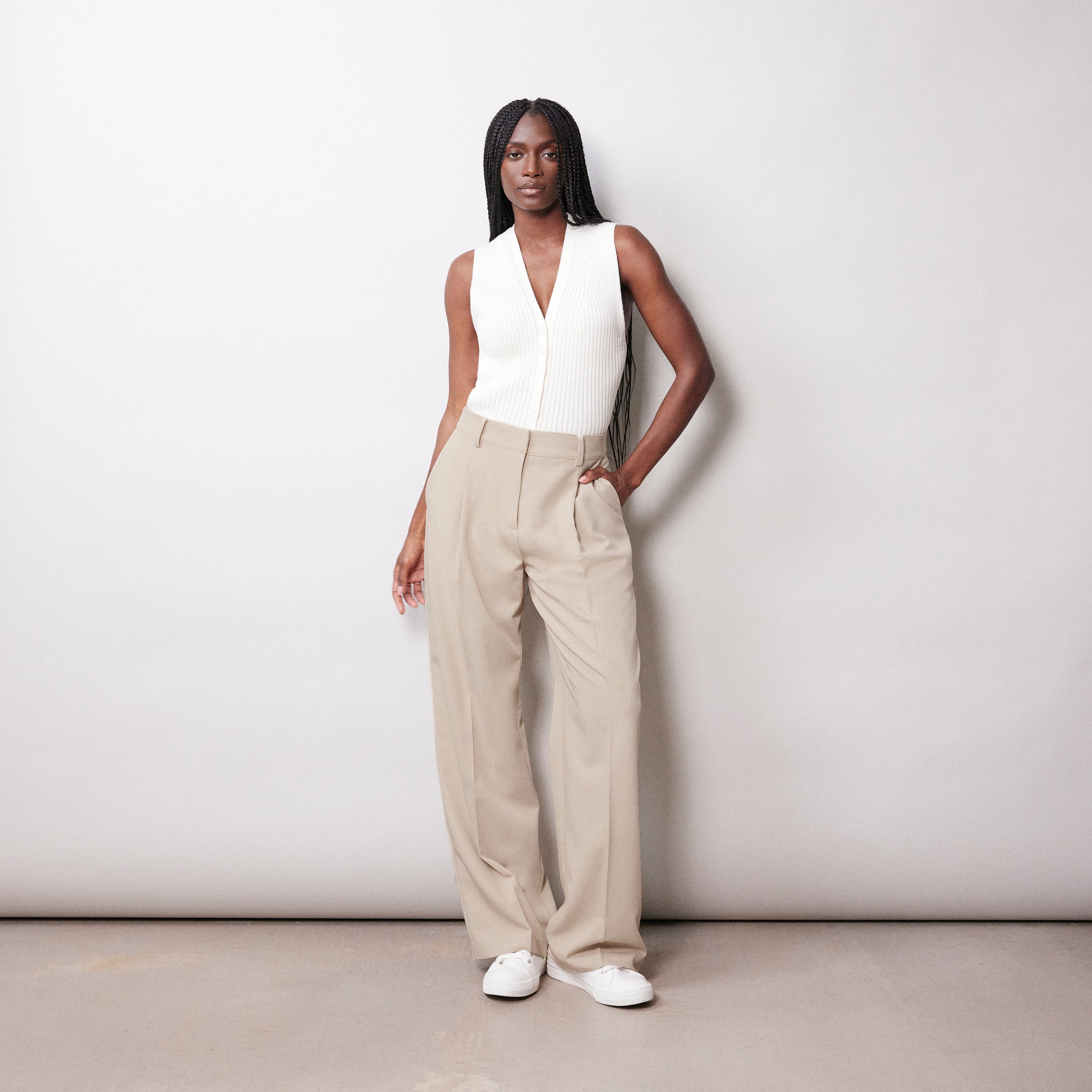 Re-Loved Stone Tailored Pleat Front Trousers Size 10