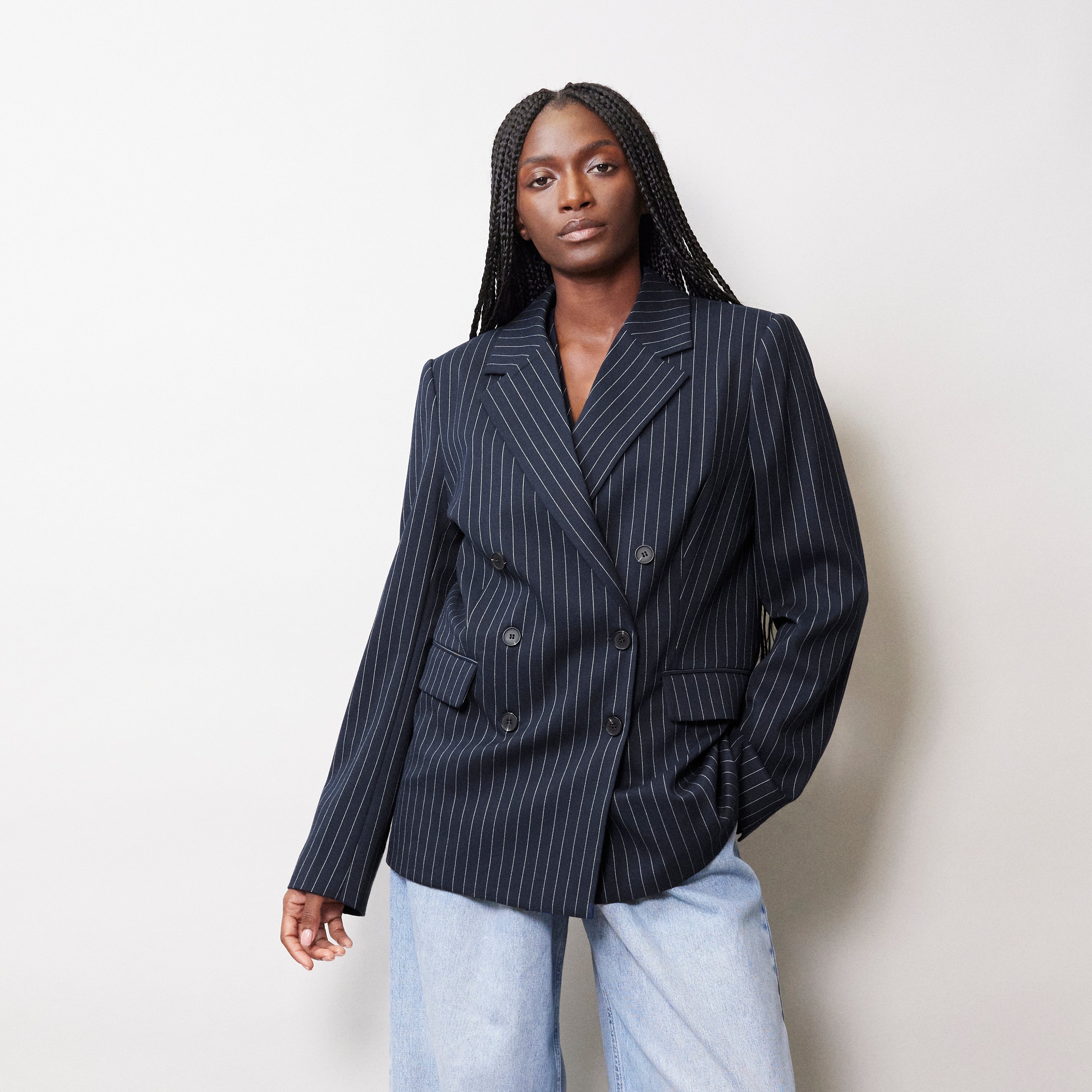 Re-Loved Navy Pinstripe Jacket - Size 8