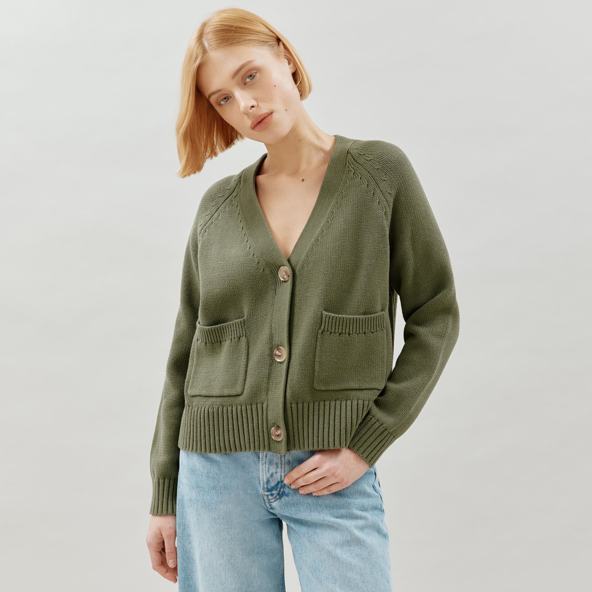 Re-Loved Olive Relaxed Cotton Cardigan - Size 8