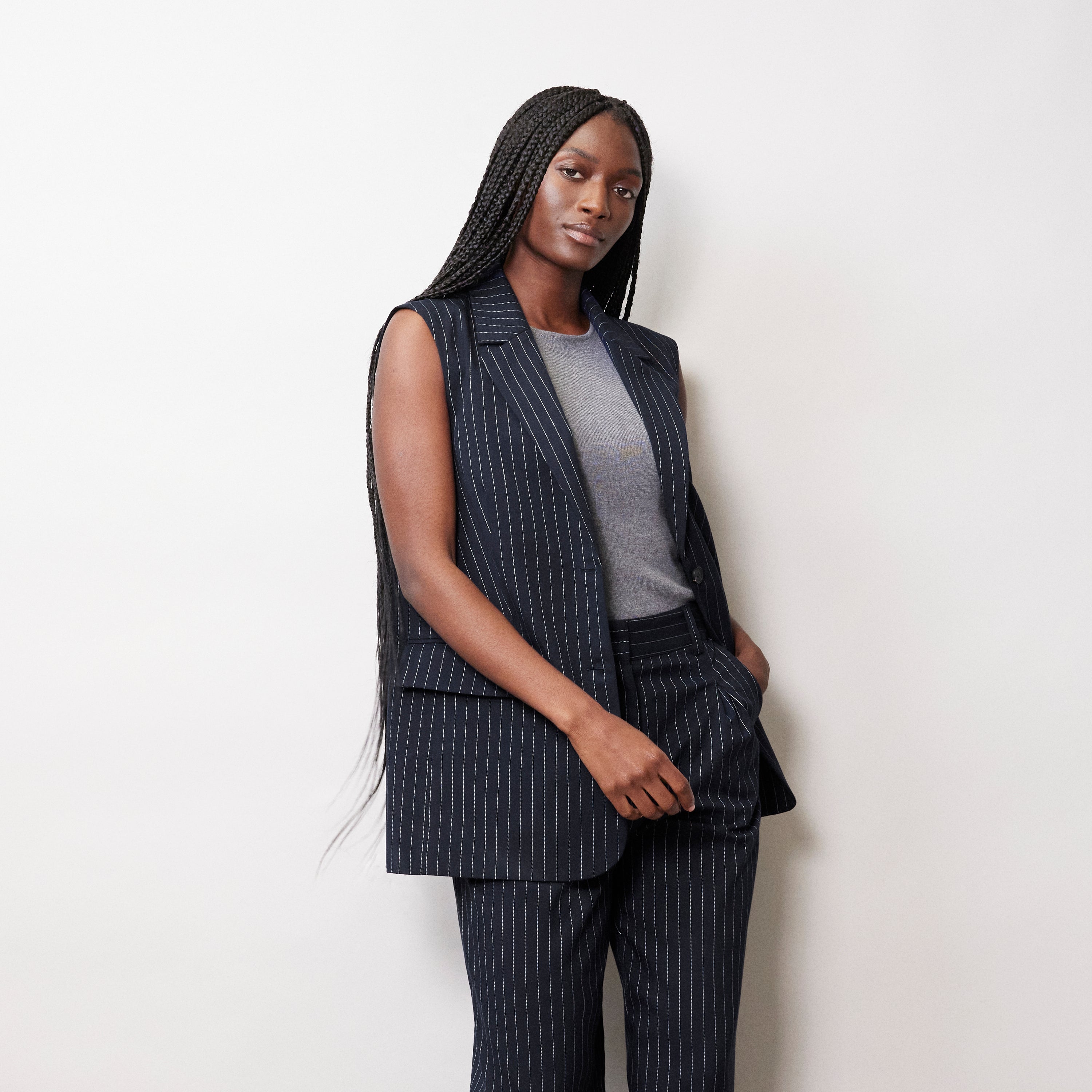 Re-Loved Navy Pinstripe Sleeveless Jacket - Size 8