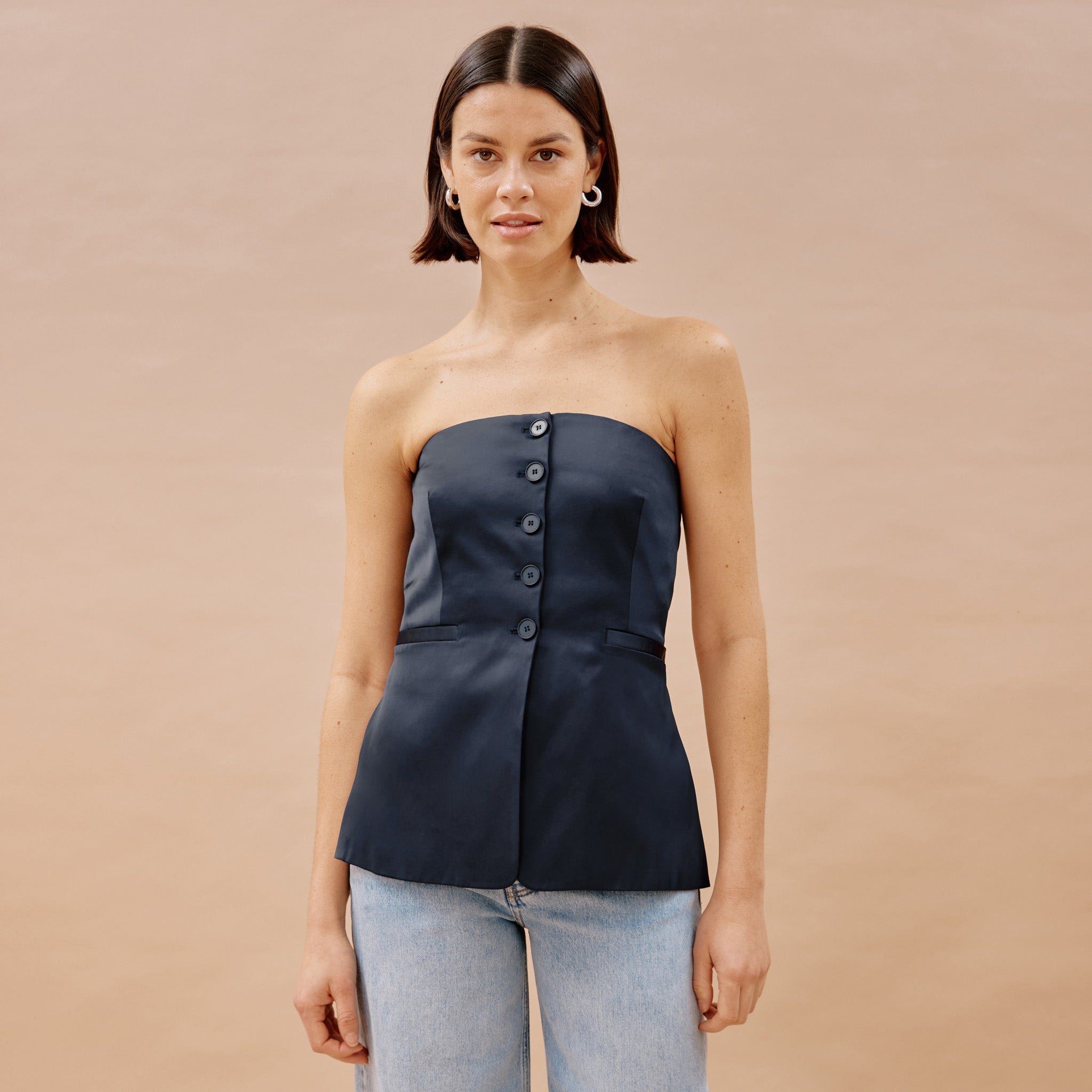 Re-Loved Navy Satin Bandeau Top - Size 8