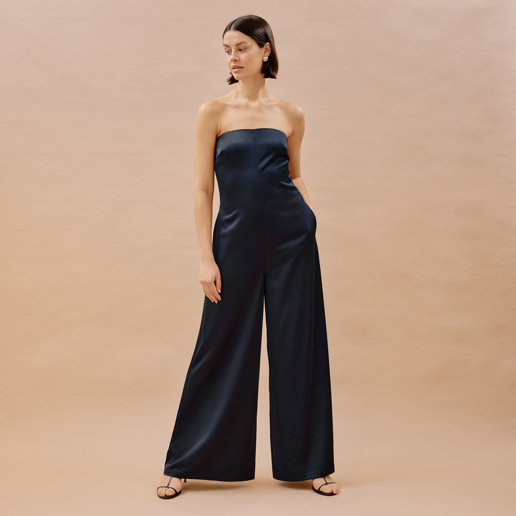 Navy Satin Bandeau Jumpsuit