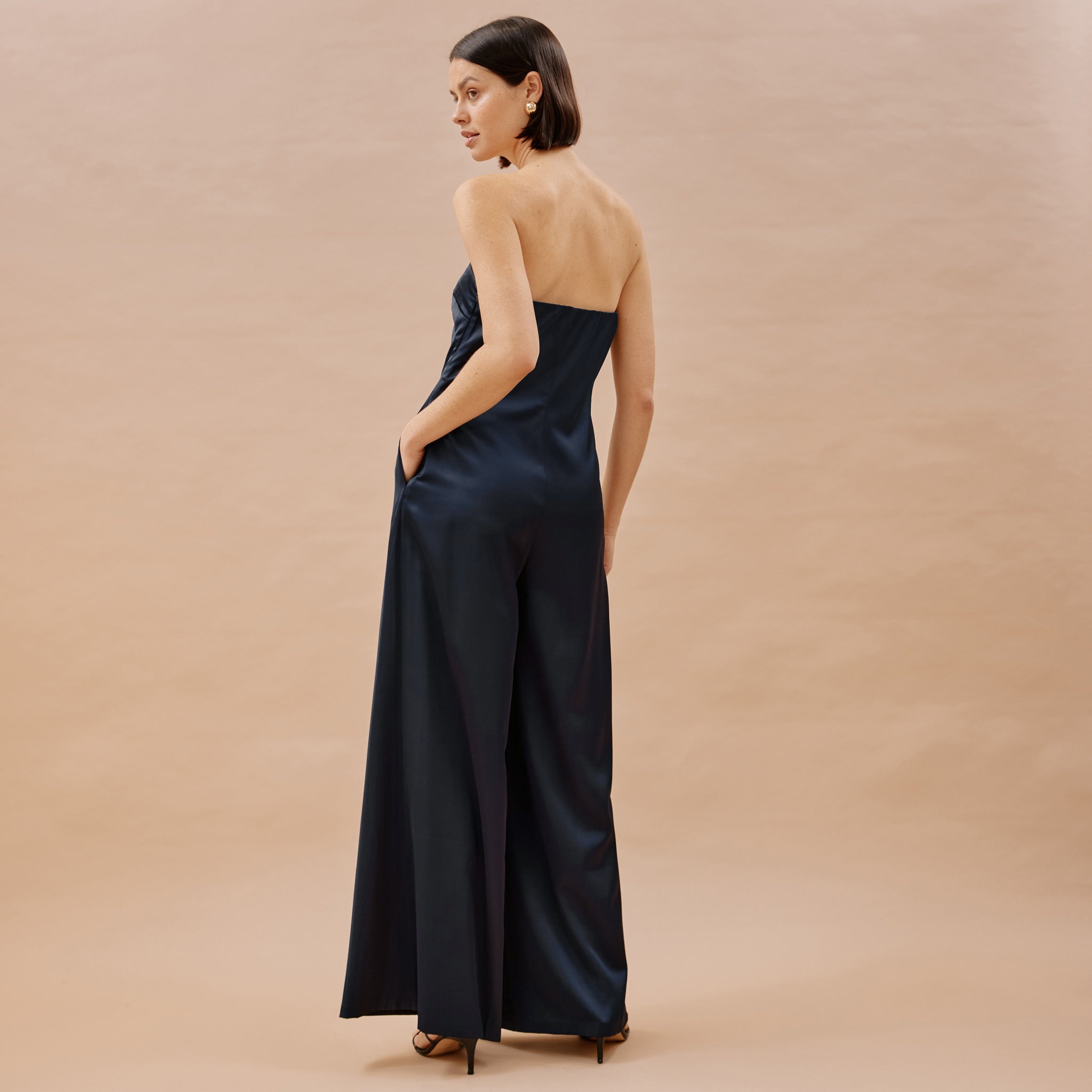 Navy Satin Bandeau Jumpsuit
