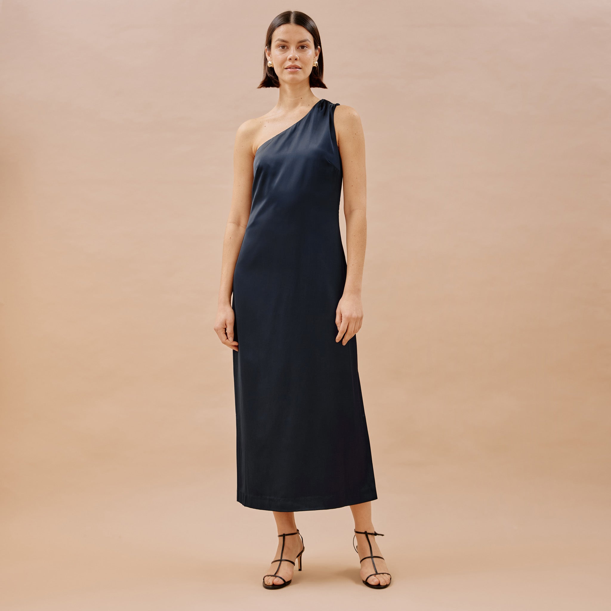 Navy Satin One Shoulder Dress
