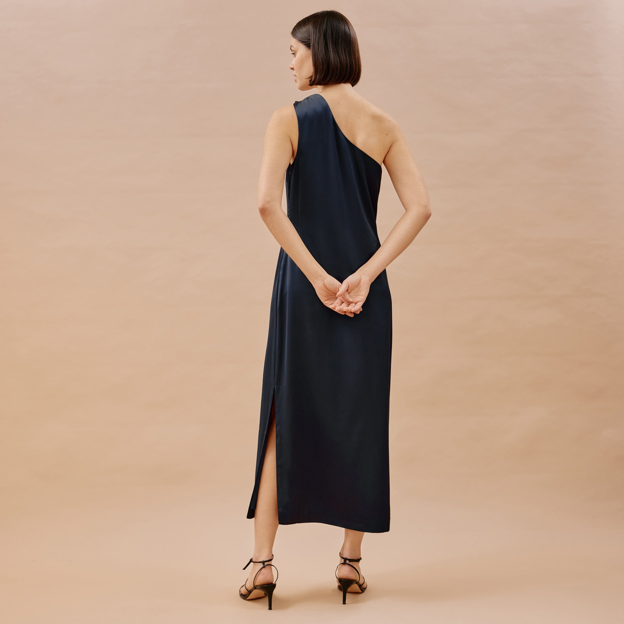 Navy Satin One Shoulder Dress