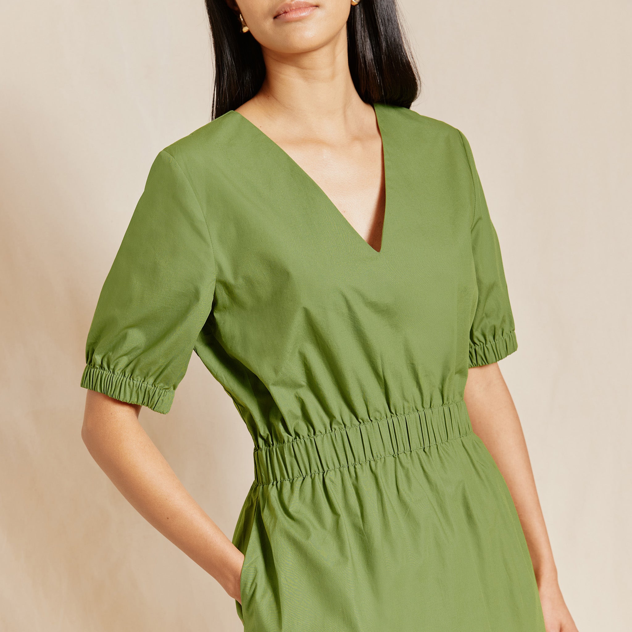 Waisted V Neck Cotton Dress