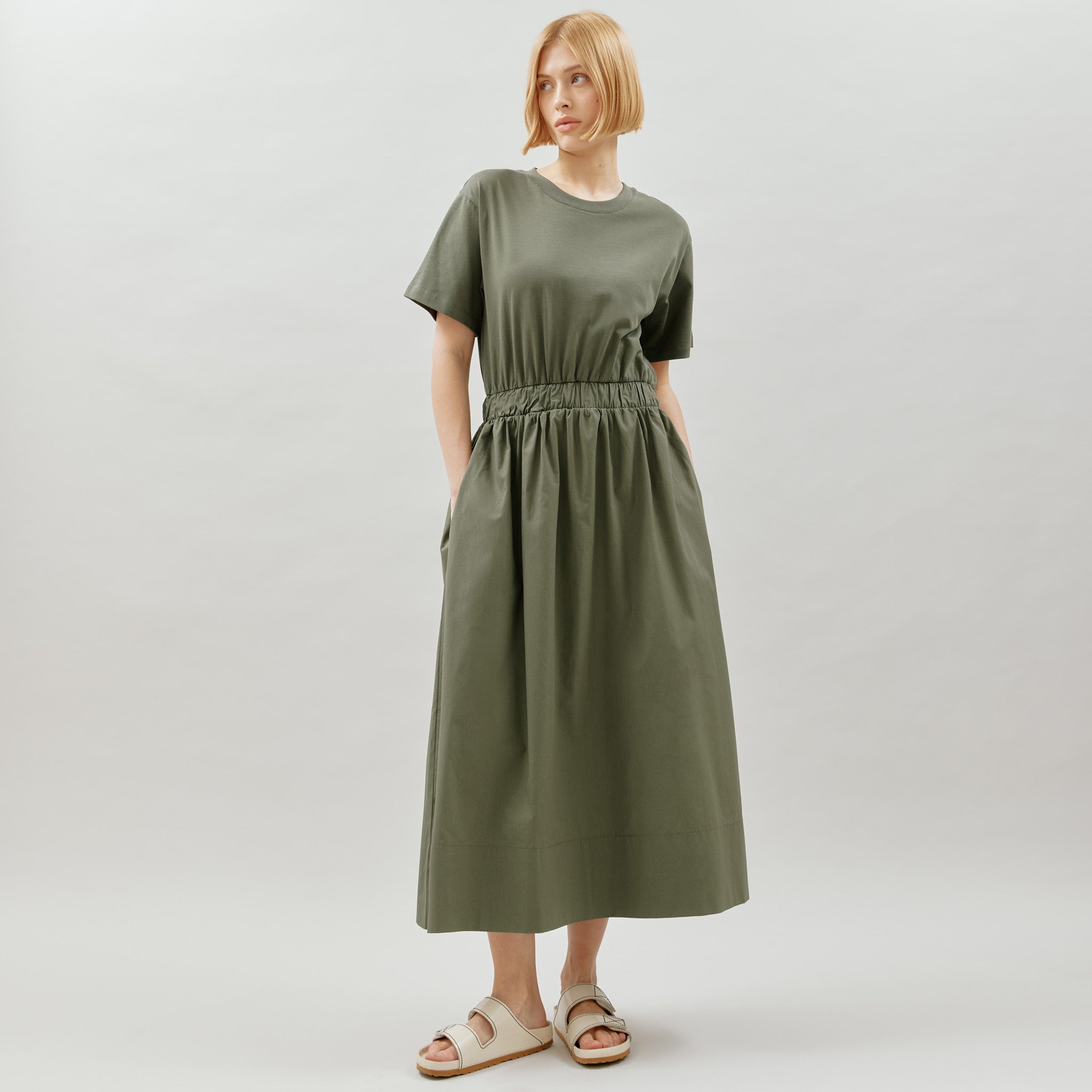 Re-Loved Khaki Woven Mix T-Shirt Dress - Size 12