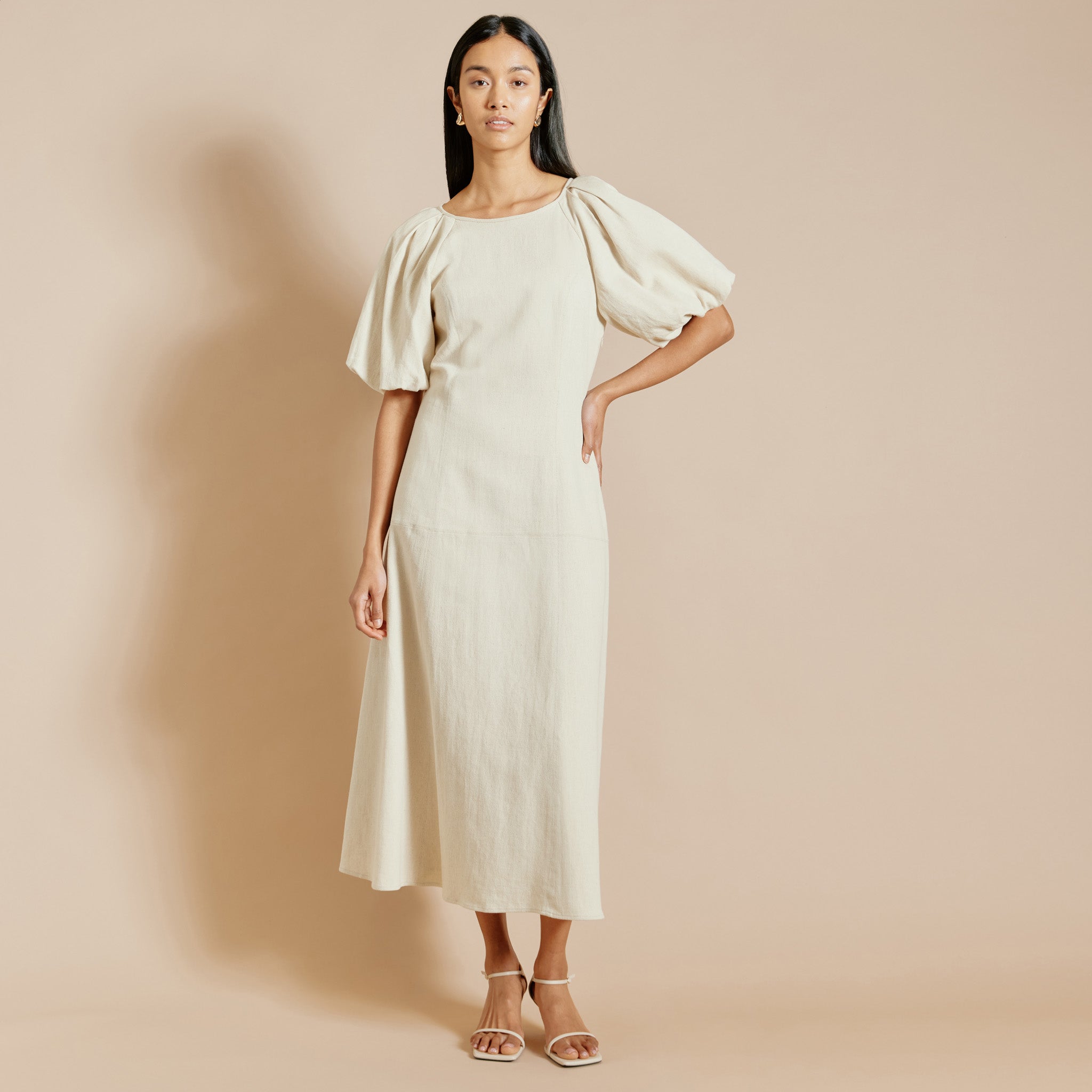 Linen Twill Puff Sleeve Dress