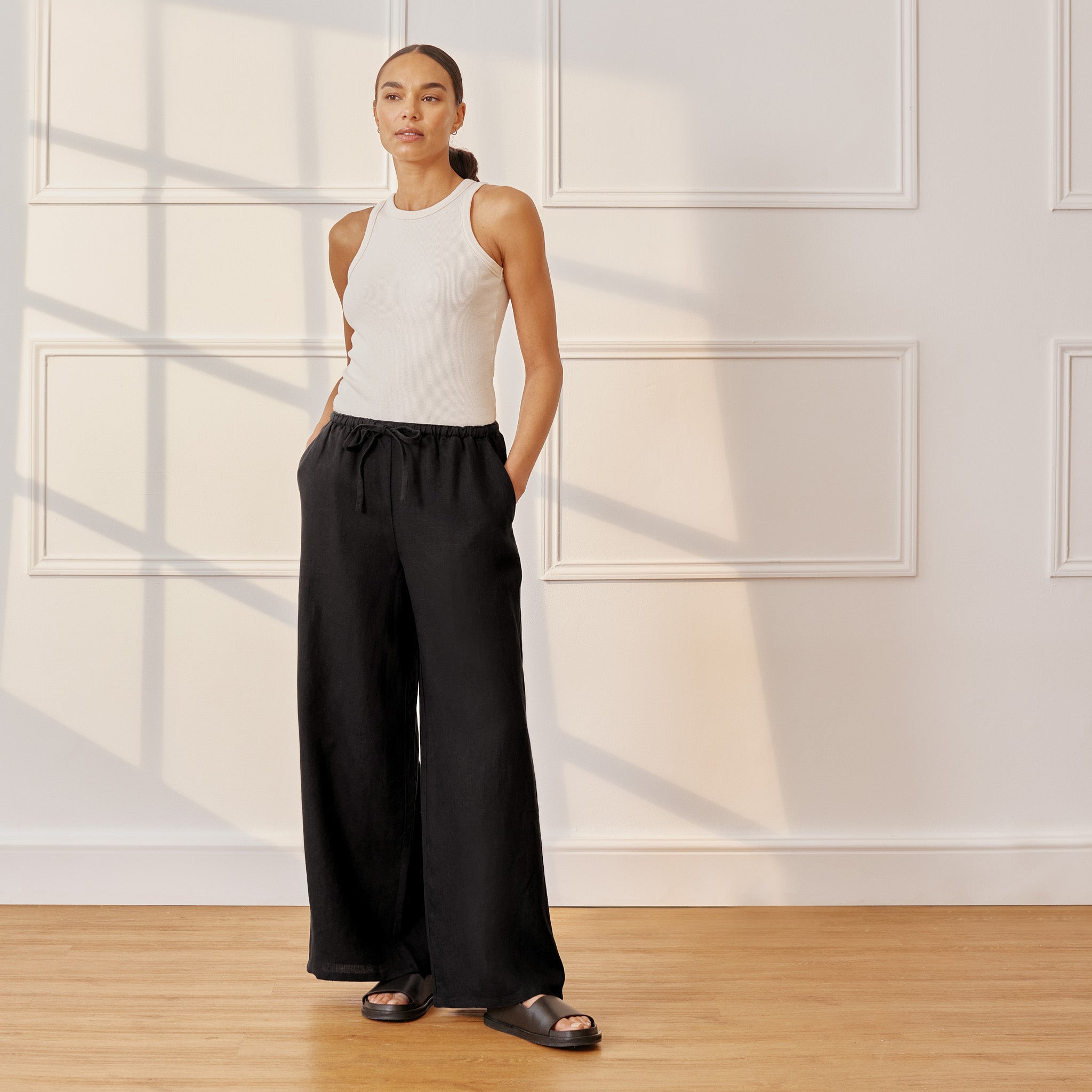 Re-Loved Black Linen Drawstring Trousers Size 14