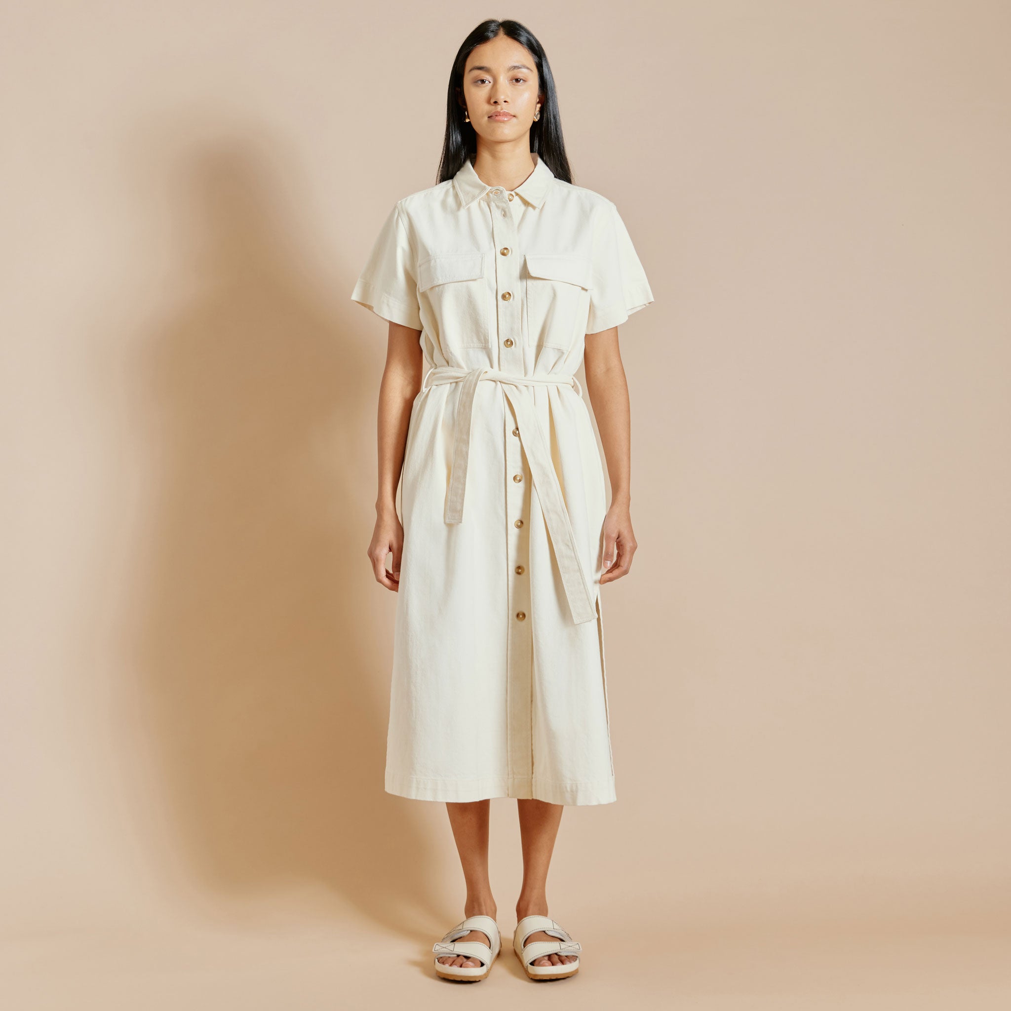 Ecru Denim Belted Dress