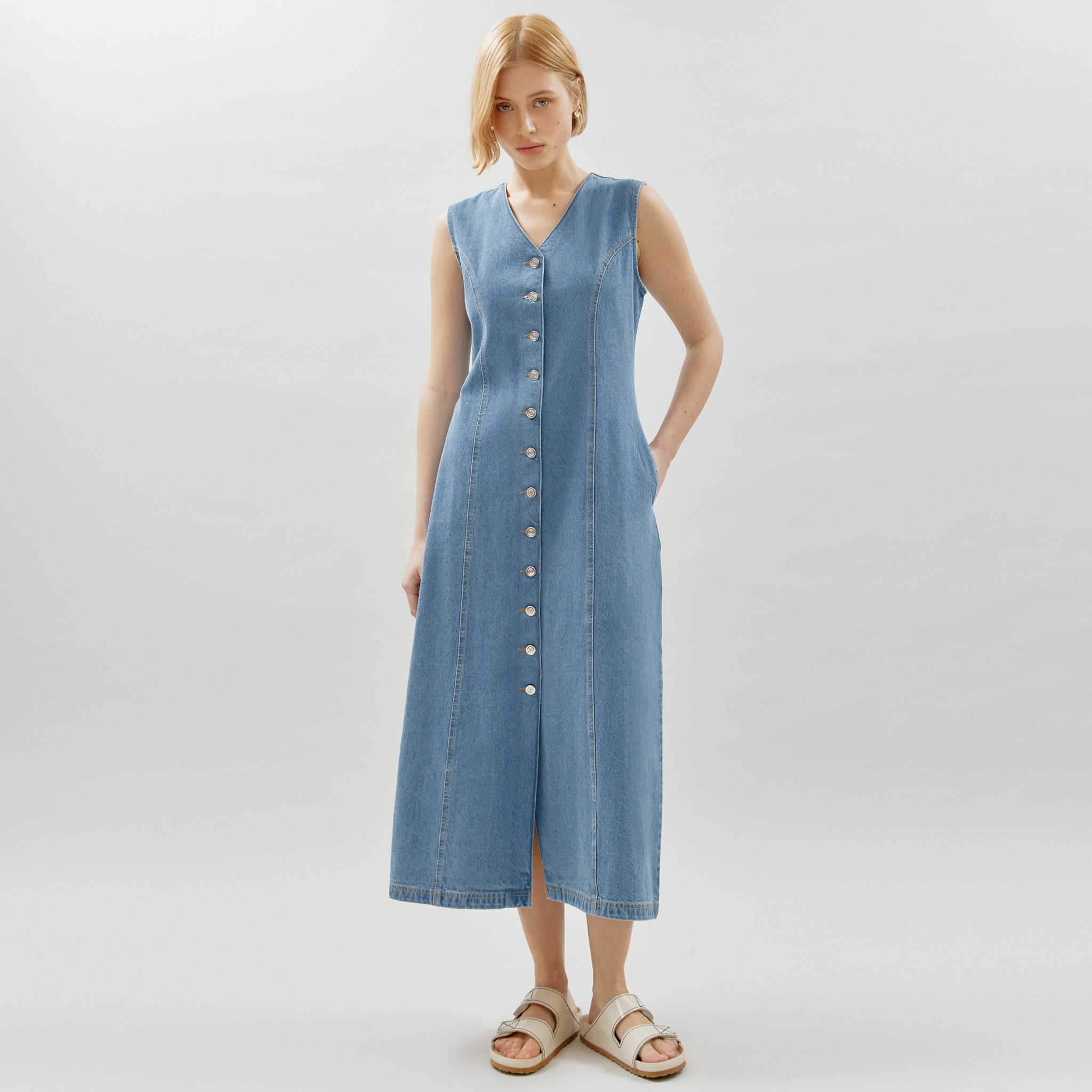 Re-Loved Denim Button Through Midi Dress - Size 14