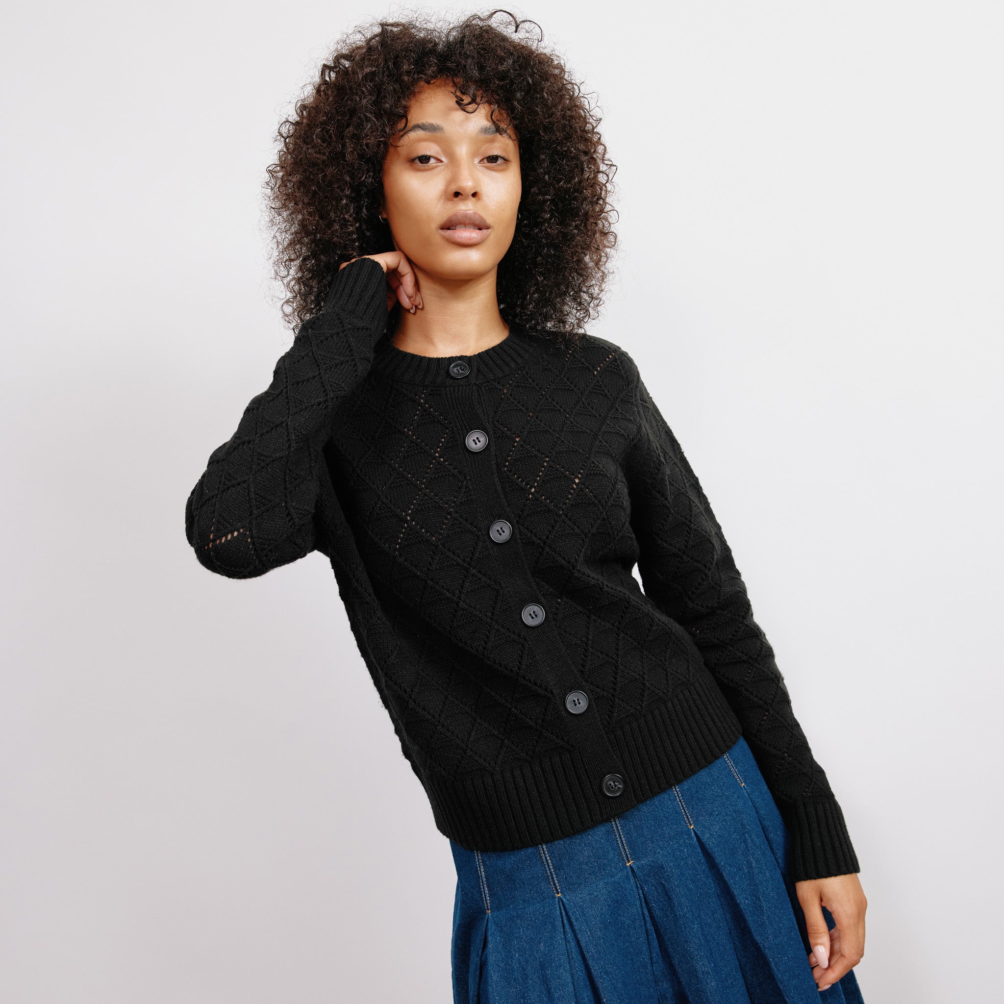Re-Loved Black Pointelle Cardigan Size 14