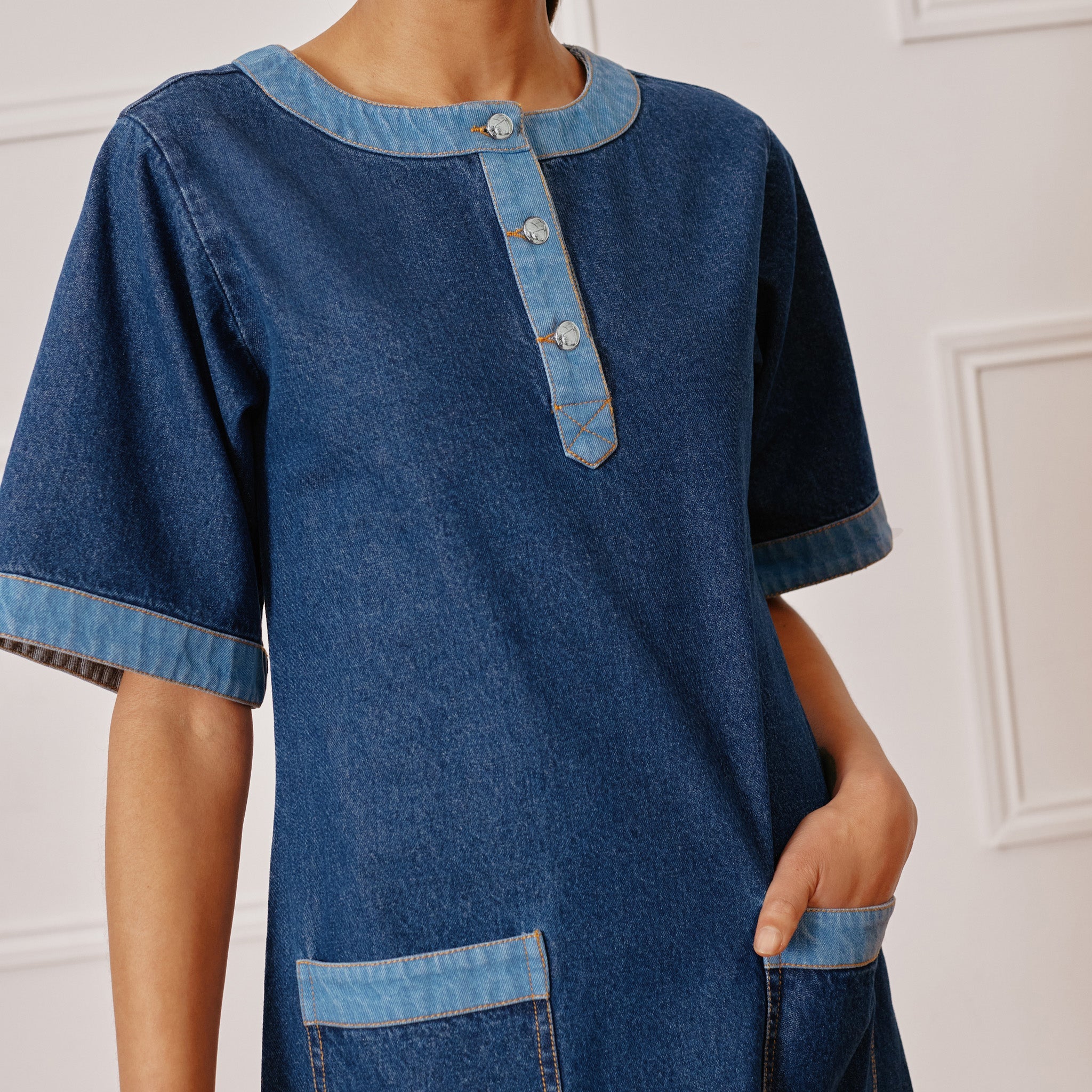 Re-Loved Contrast Denim Short Dress - Size 12