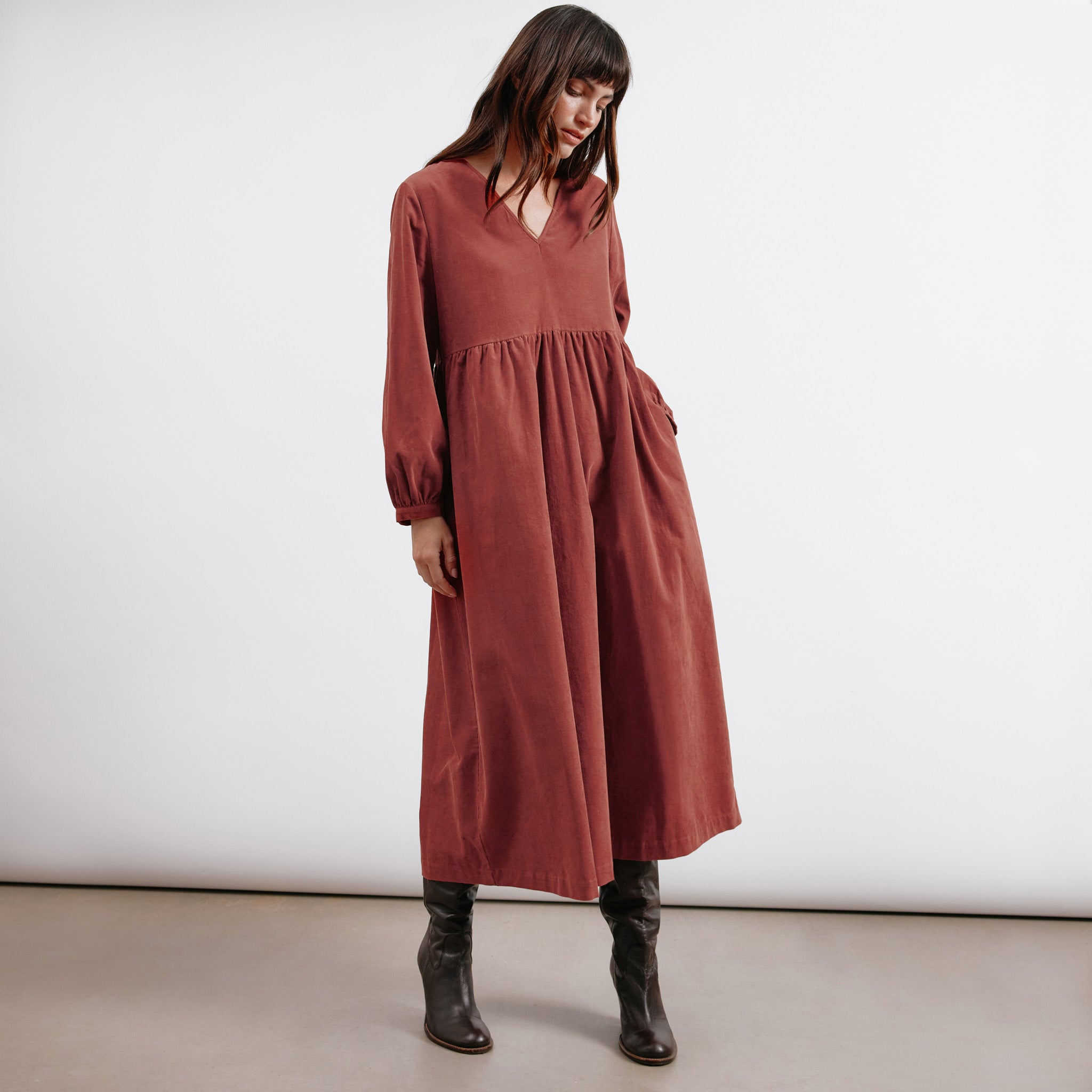 Re-Loved Cord V Neck Gathered Midi Dress - Size 10