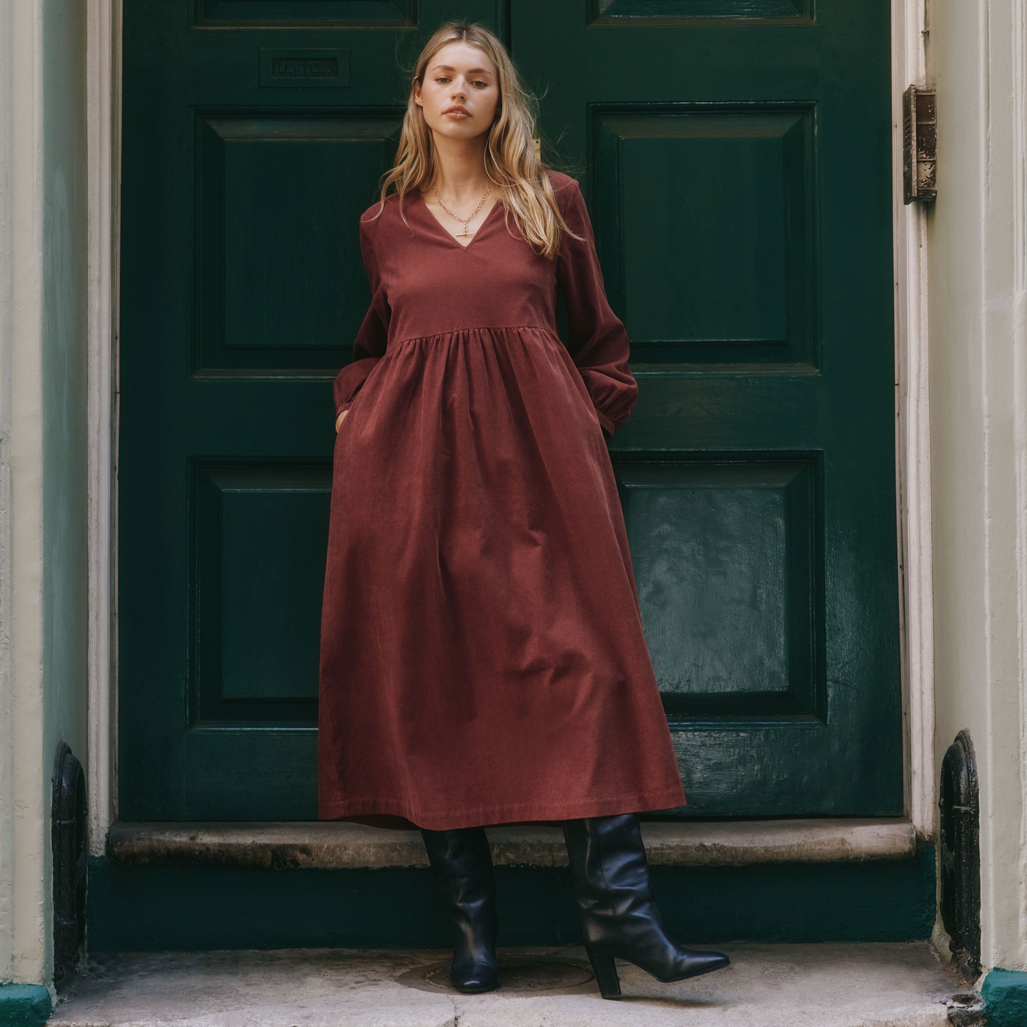 Re-Loved Cord V Neck Gathered Midi Dress - Size 10