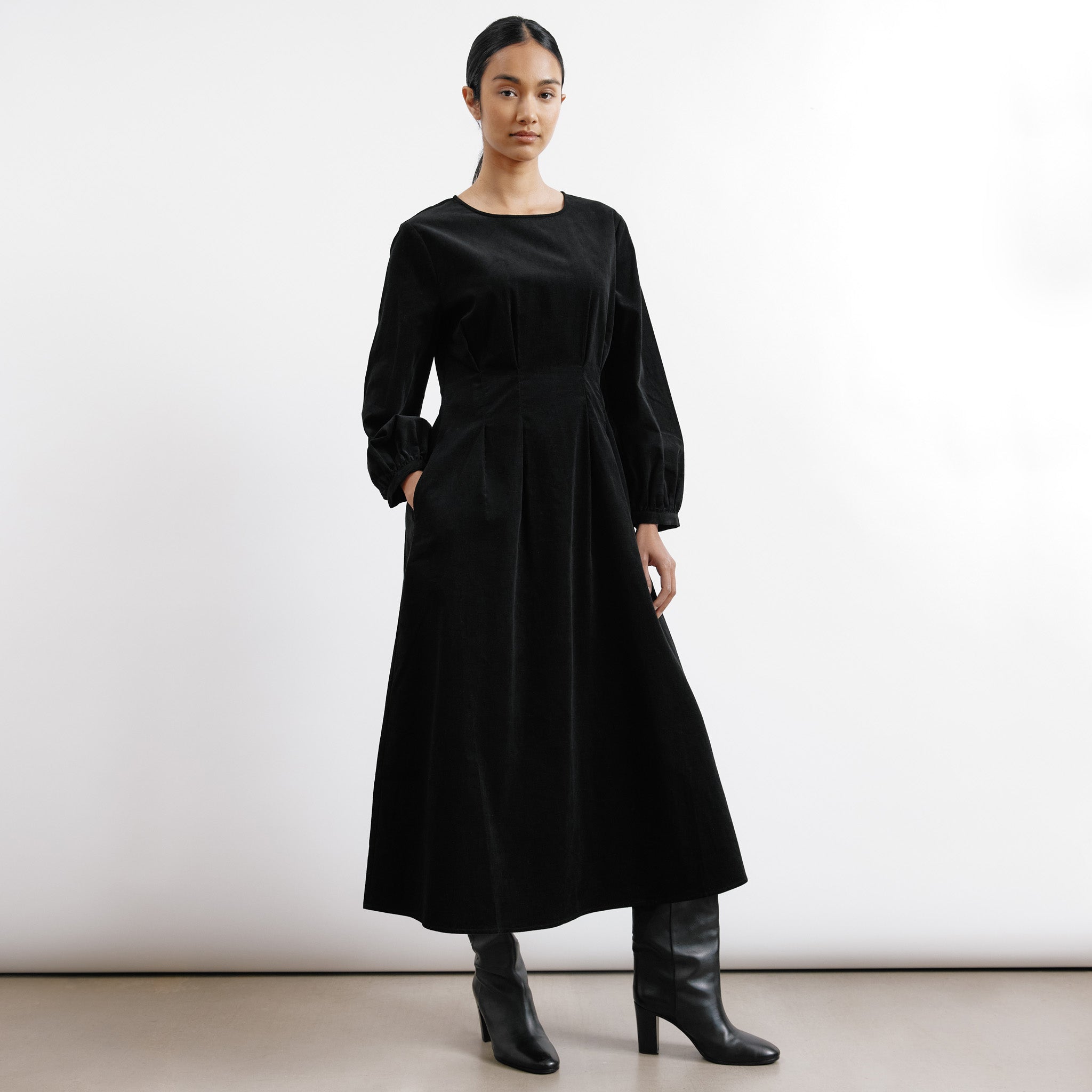 Re-Loved Black Cord Waisted Midi Dress - Size 10