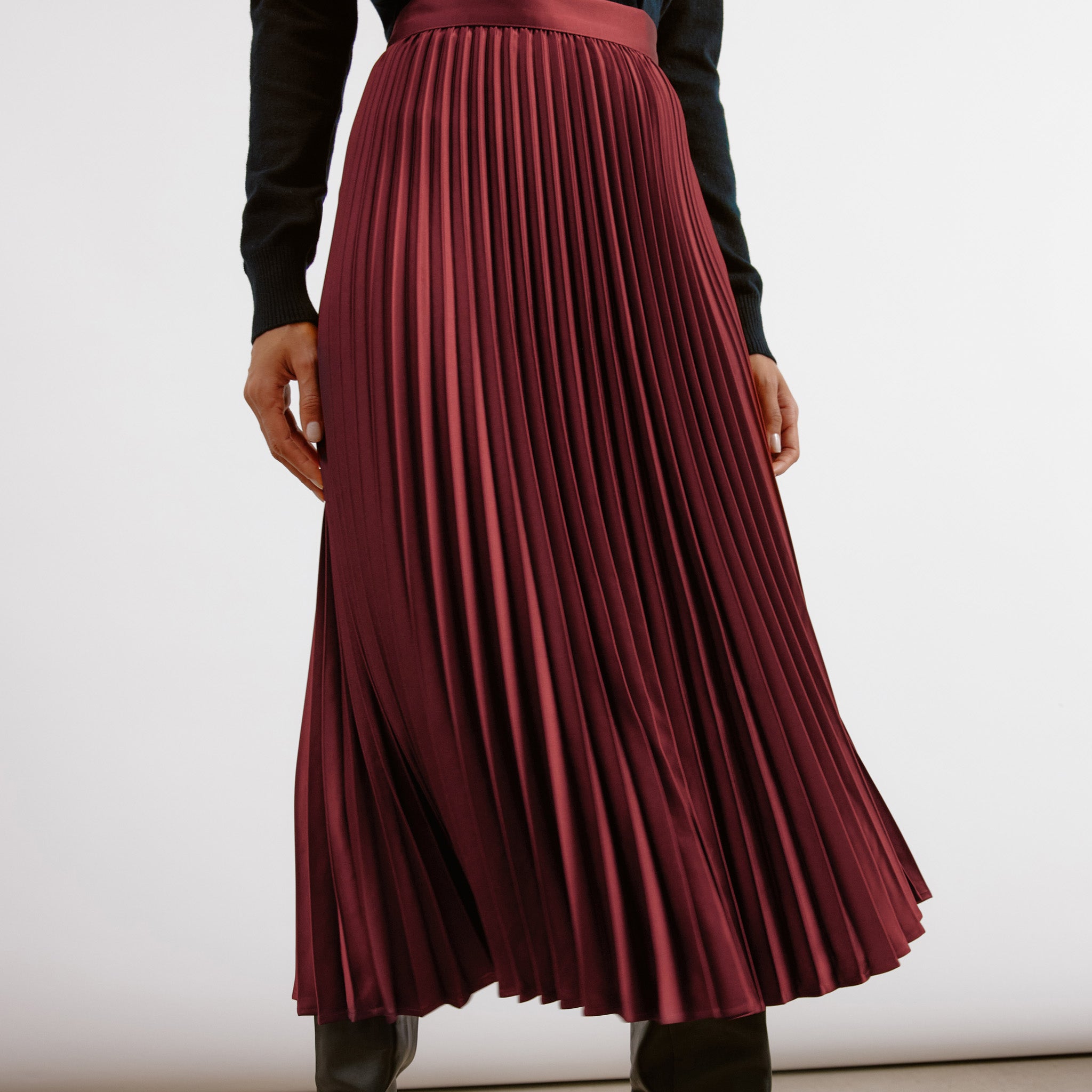 Satin Pleat Midi Skirt