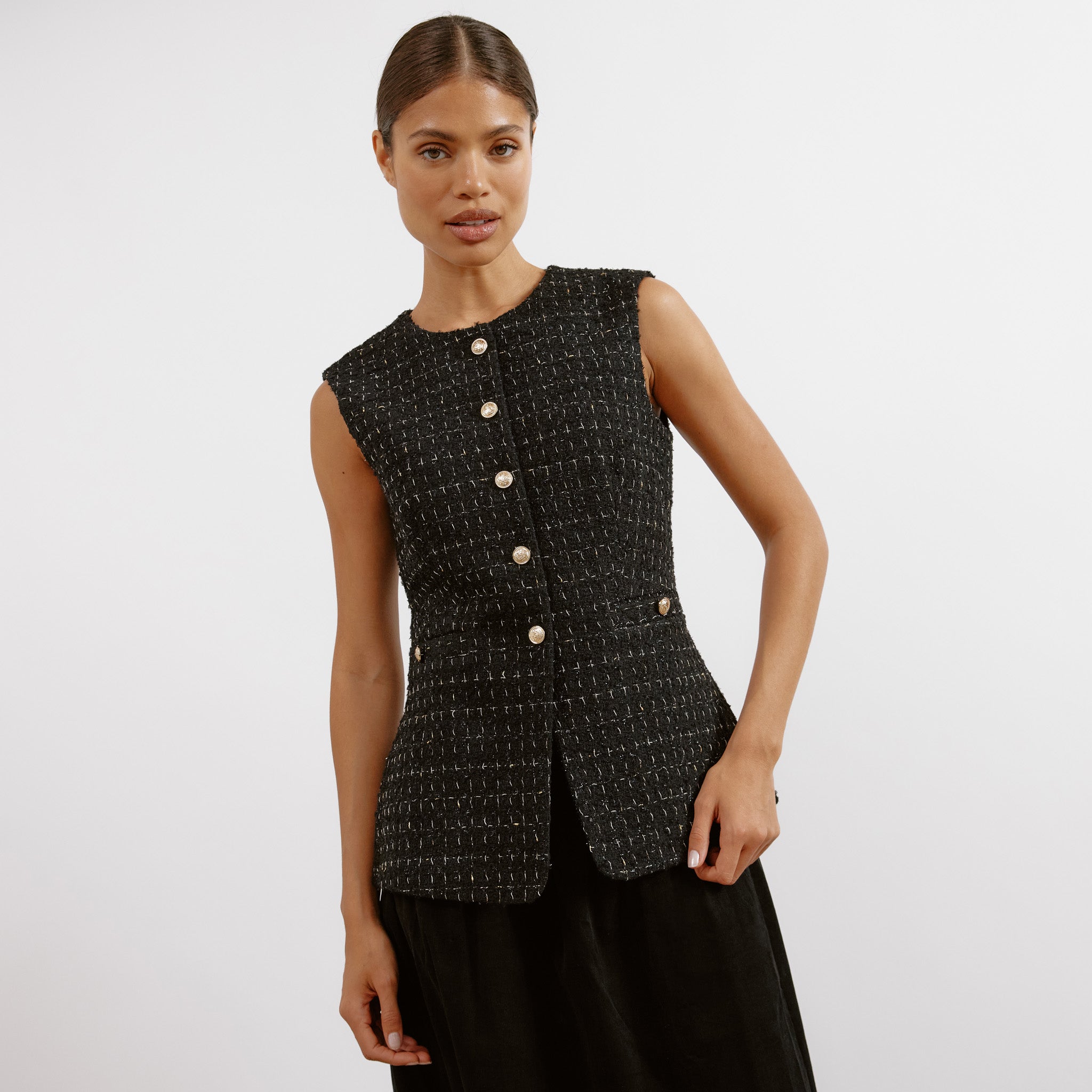 Re-Loved Black and Gold Tweed Waistcoat - Size 12
