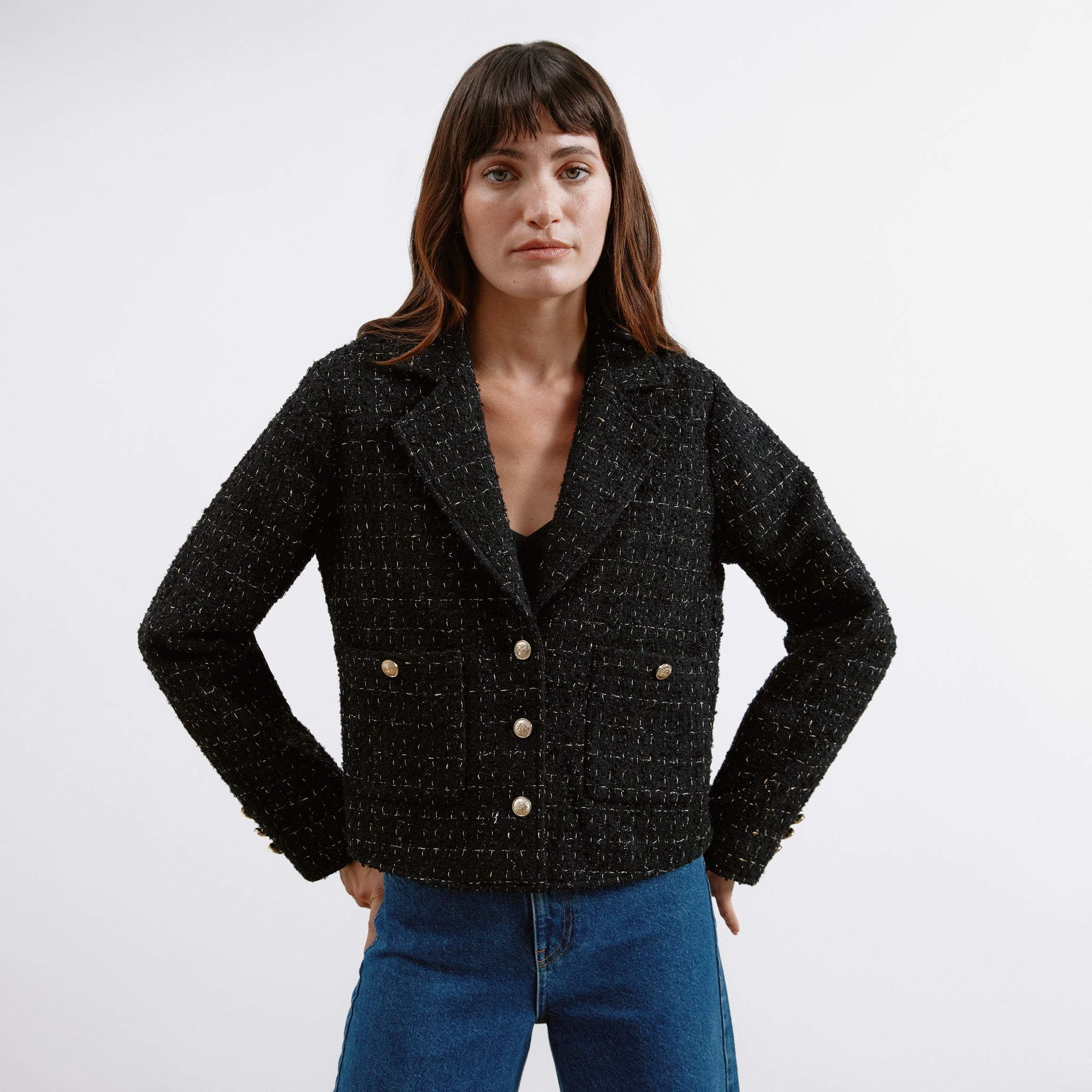 Re-Loved Black and Gold Tweed Jacket - Size 14