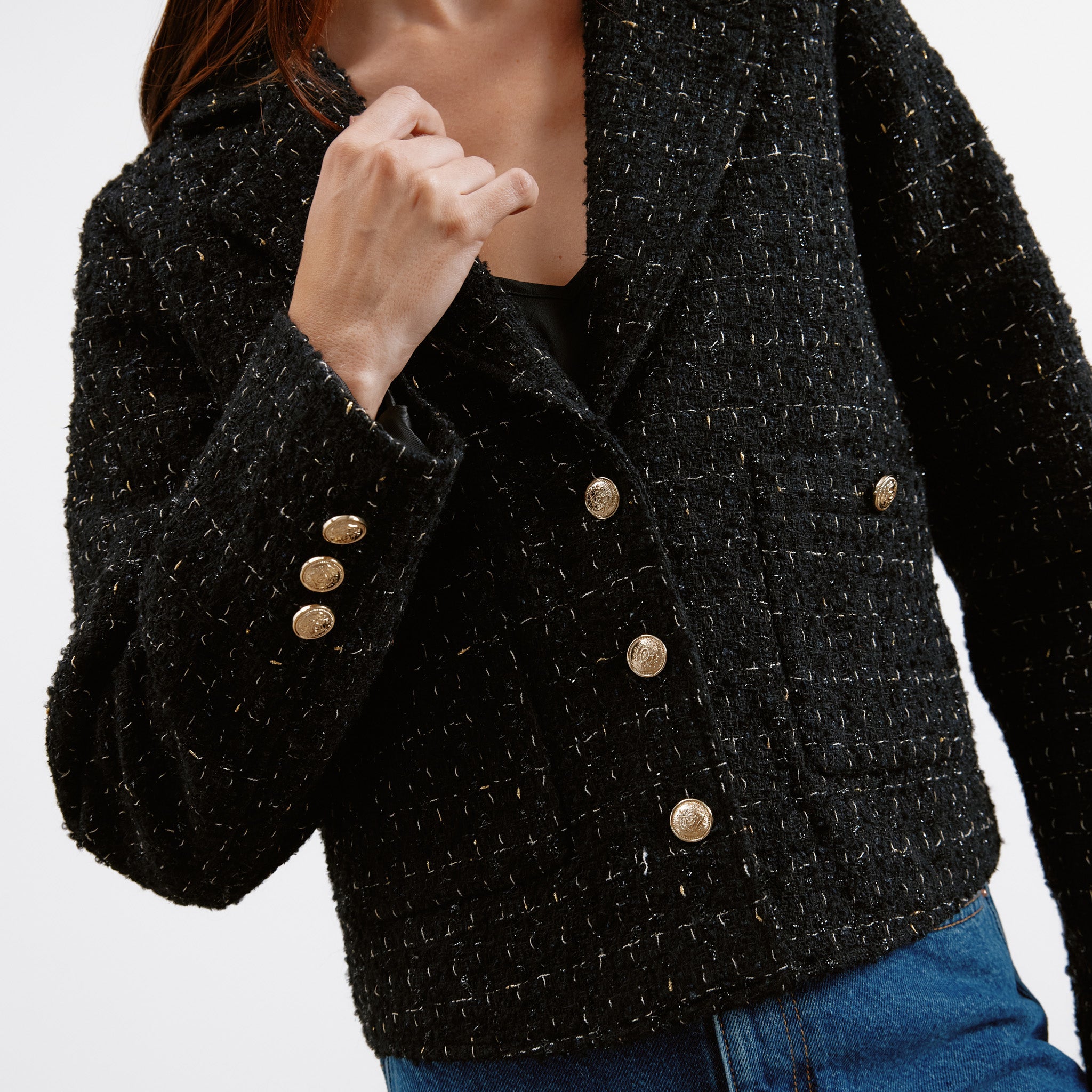 Re-Loved Black and Gold Tweed Jacket - Size 14