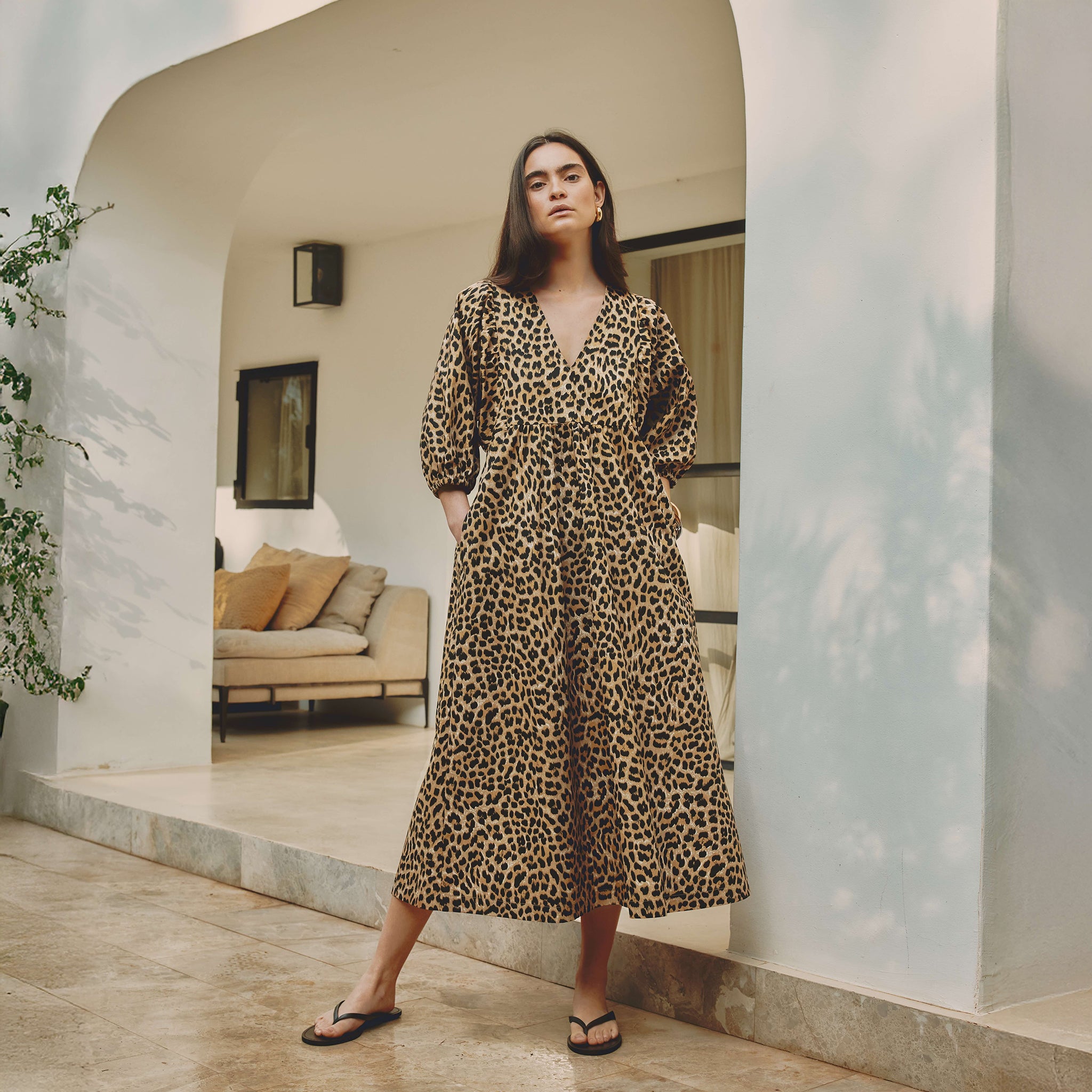 Animal Iconic V Neck Cotton Midi Dress