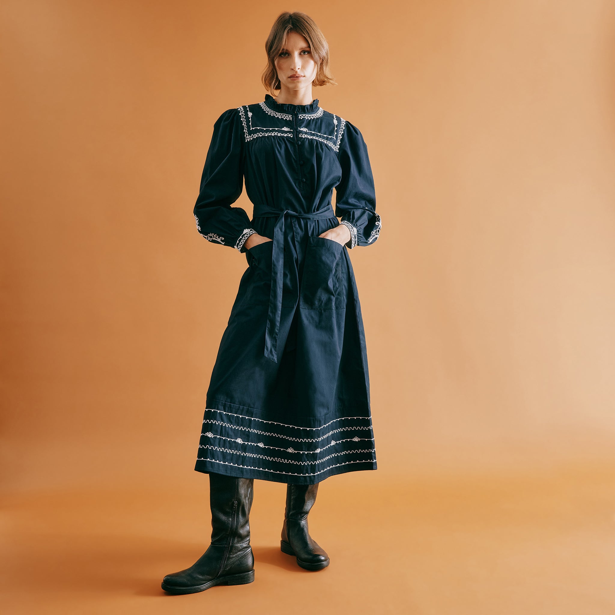 Re-Loved Navy Embroidered Dress - Size 12