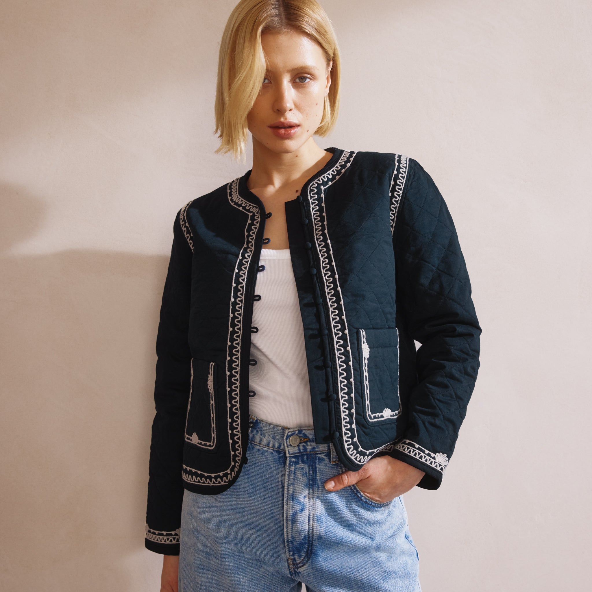 Re-Loved Navy Embroidered Jacket - Size 10