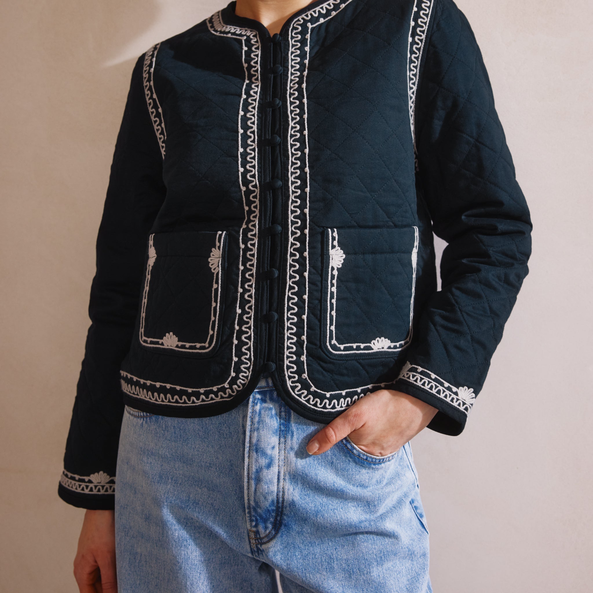 Re-Loved Navy Embroidered Jacket - Size 10