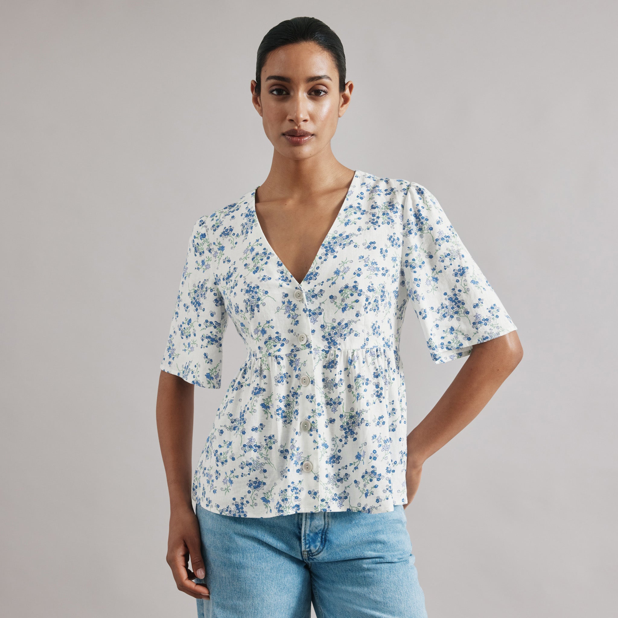 Blossom Print Linen Blend Top